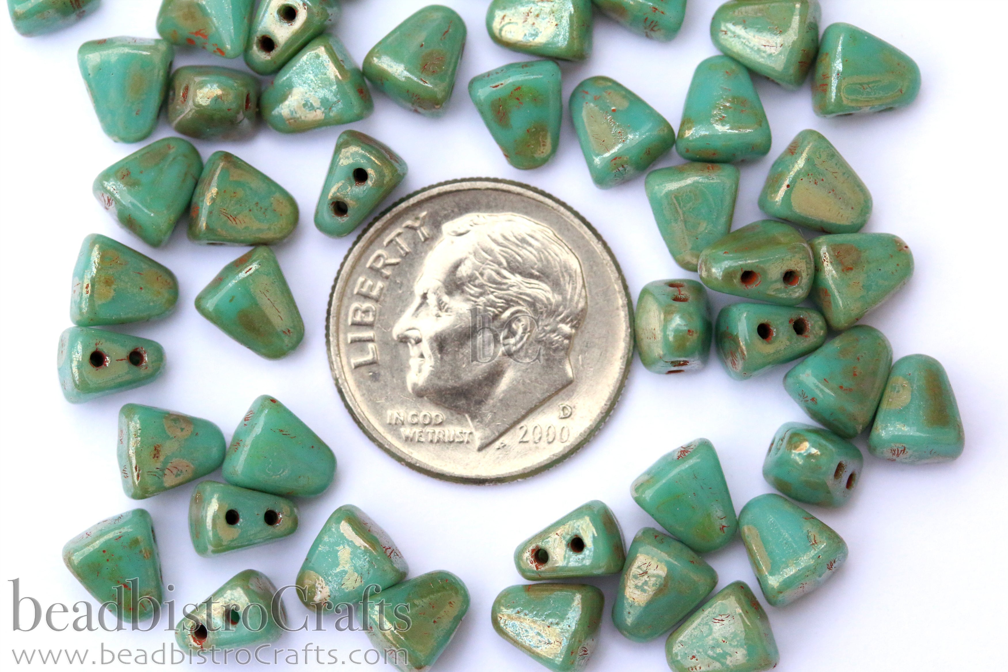 Nib-Bit Beads 6x5mm Green Turquoise Silver Picasso 2-Hole Czech Beads ~ 50pcs