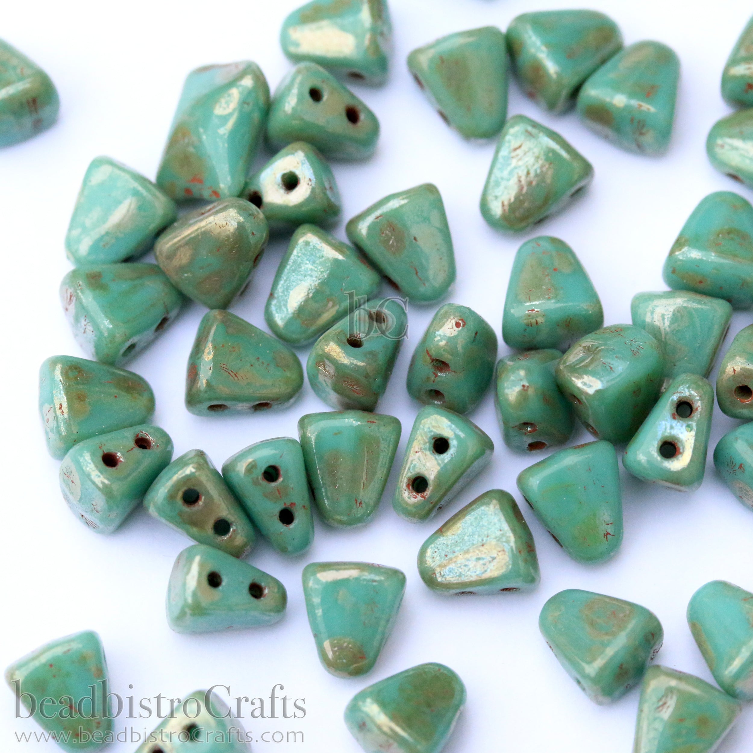 Nib-Bit Beads 6x5mm Green Turquoise Silver Picasso 2-Hole Czech Beads ~ 50pcs