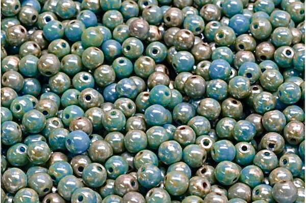 4mm Czech Glass Round Druk Bead Opaque Blue Silver Picasso (50pcs)