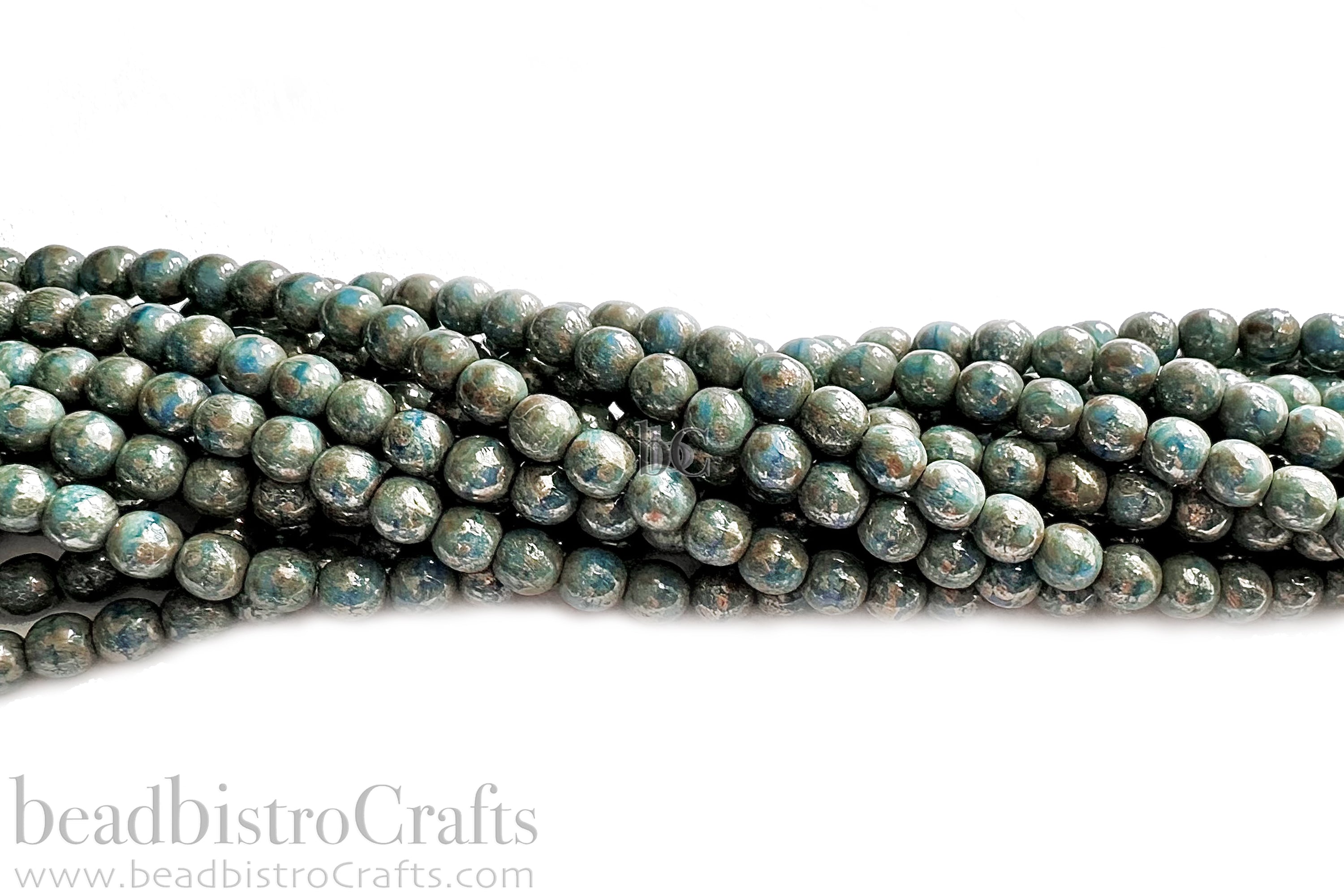 4mm Czech Glass Round Druk Bead Opaque Blue Silver Picasso (50pcs)