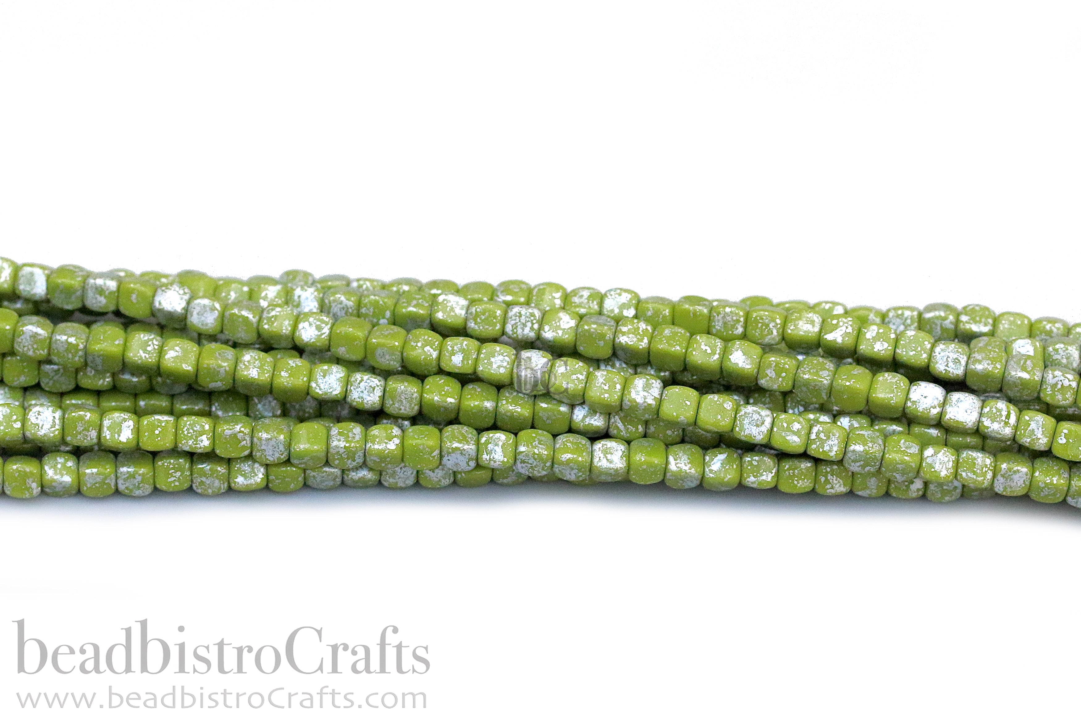 Czech Glass MINI Cube 4x4mm Pressed Glass Bead Opaque Olive Silver Splash (50pc)