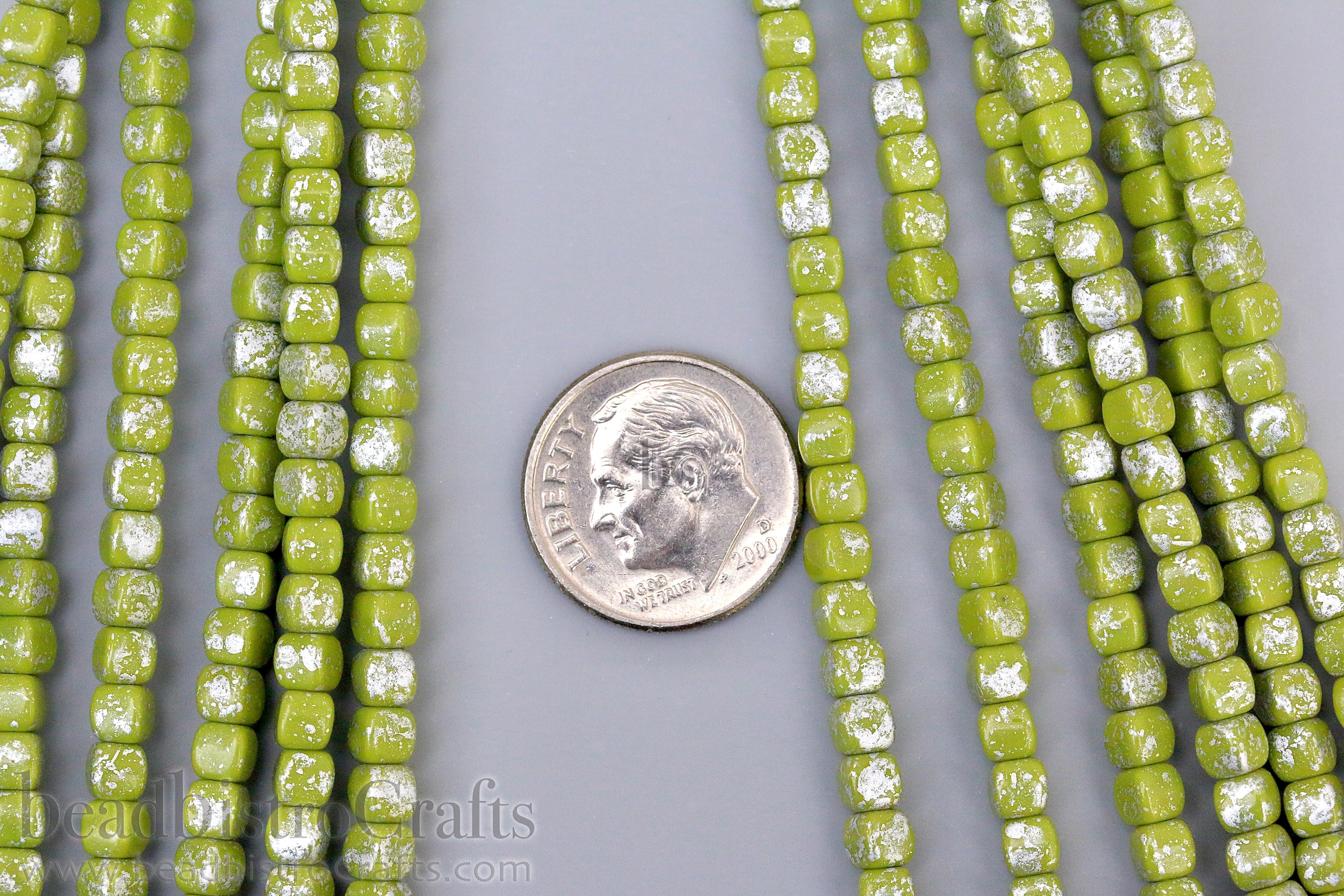 Czech Glass MINI Cube 4x4mm Pressed Glass Bead Opaque Olive Silver Splash (50pc)