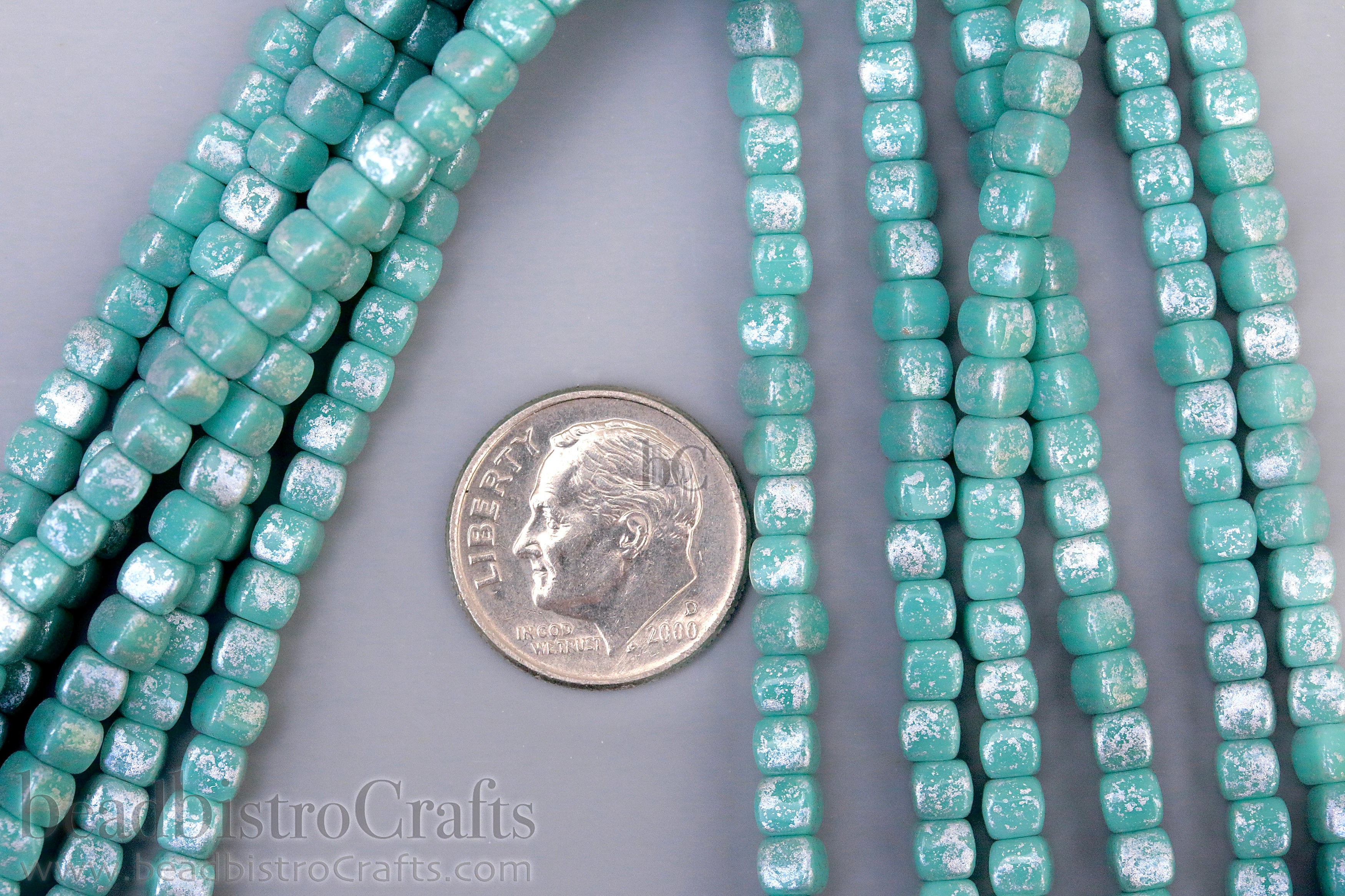 Czech Glass MINI Cube 4x4mm Pressed Glass Bead Opaque Turquoise Silver Splash (50pc)