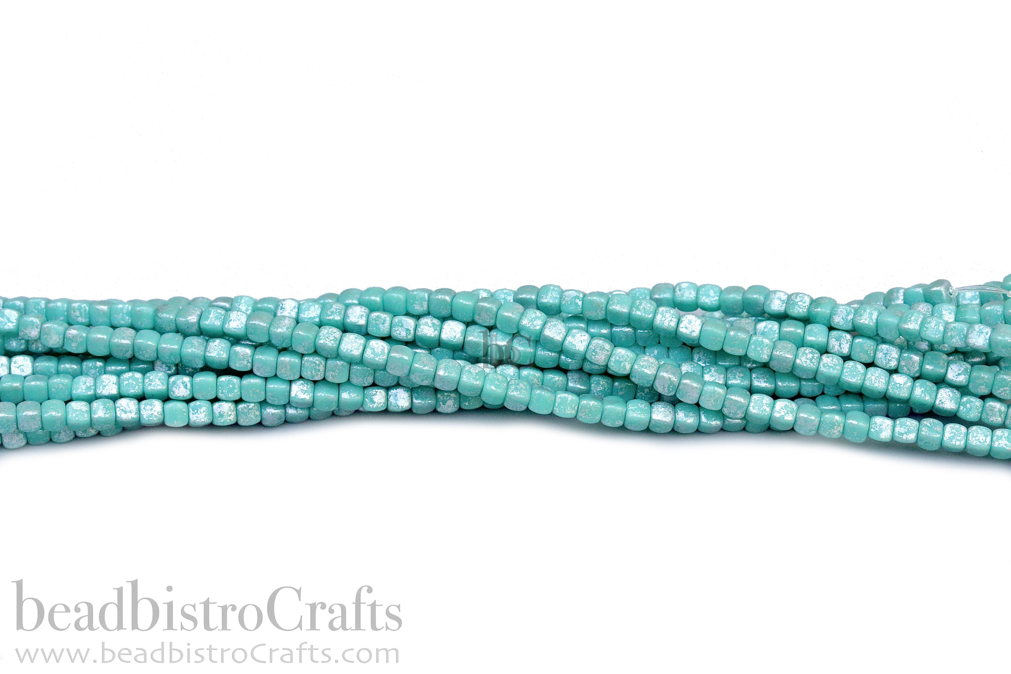 Czech Glass MINI Cube 4x4mm Pressed Glass Bead Opaque Turquoise Silver Splash (50pc)
