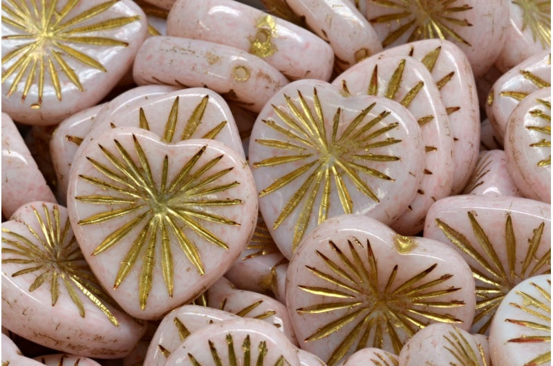 Czech Glass Starburst Heart Beads 18mm Alabaster Pale Strawberry with Metallic Gold Wash (2 or 4pcs)