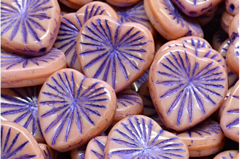 Czech Glass Starburst Heart Beads 18mm Silky Pink with Purple Wash (2 or 4pcs)