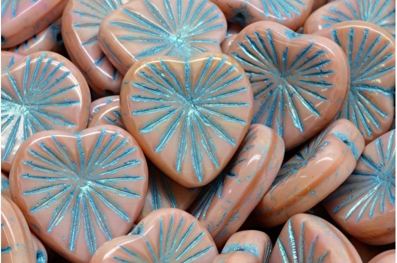Czech Glass Starburst Heart Beads 18mm Silky Pink with Teal Wash (2 or 4pcs)