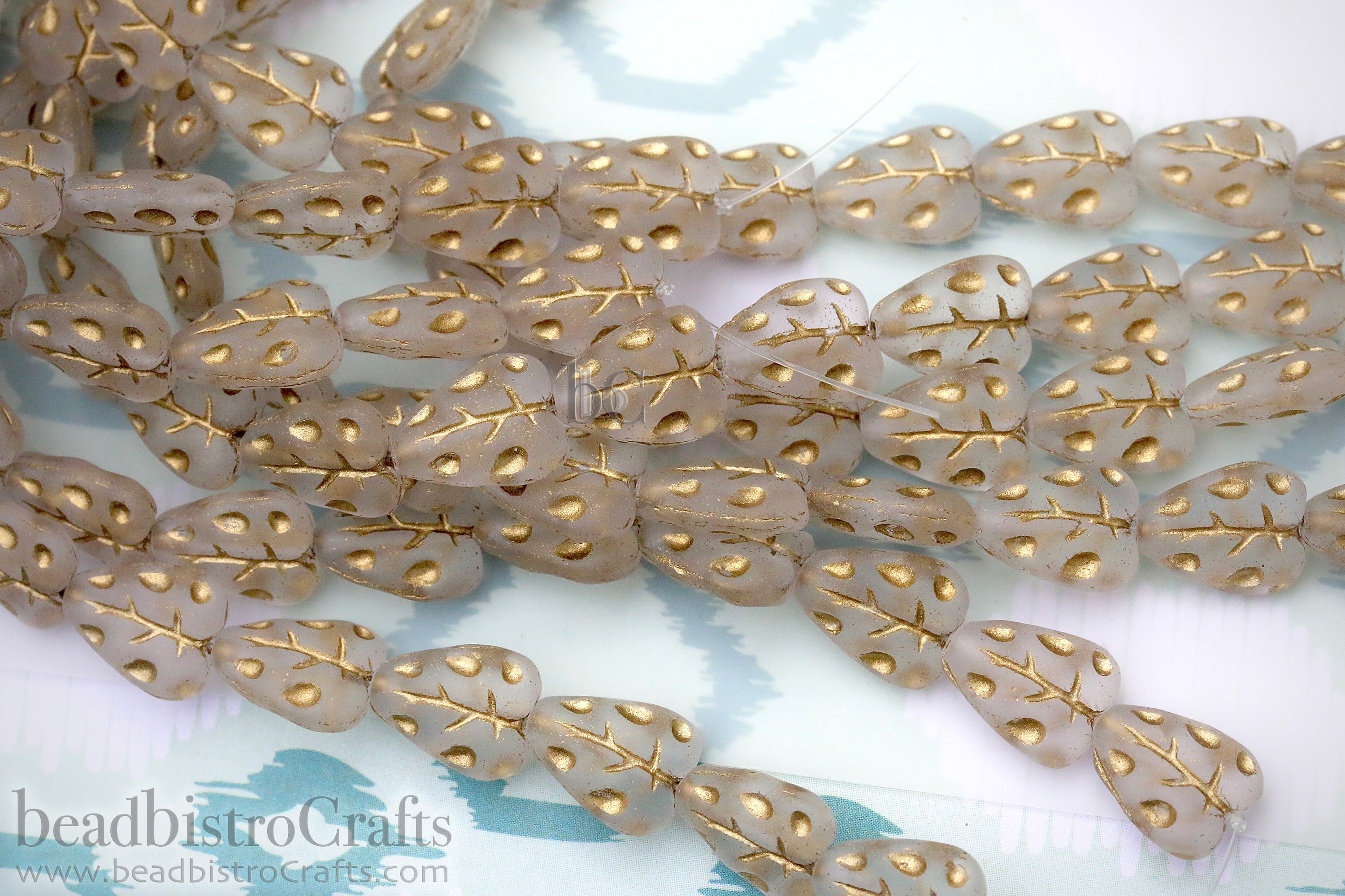 Czech Glass Woodland Leaf Beads 12x7mm Matted Crystal Clear Gold Wash (14pcs)
