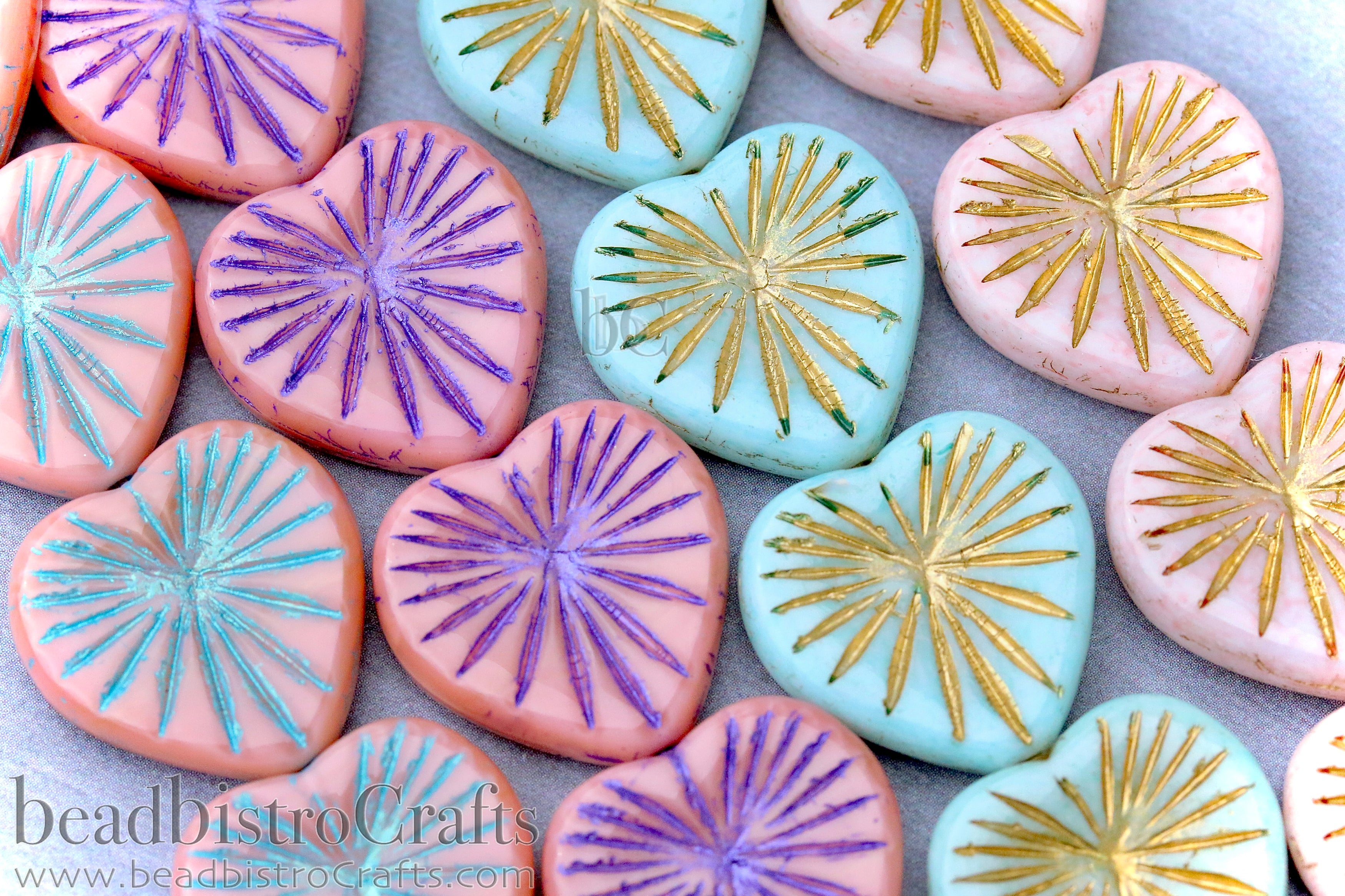 Czech Glass Starburst Heart Beads 18mm Silky Pink with Purple Wash (2 or 4pcs)