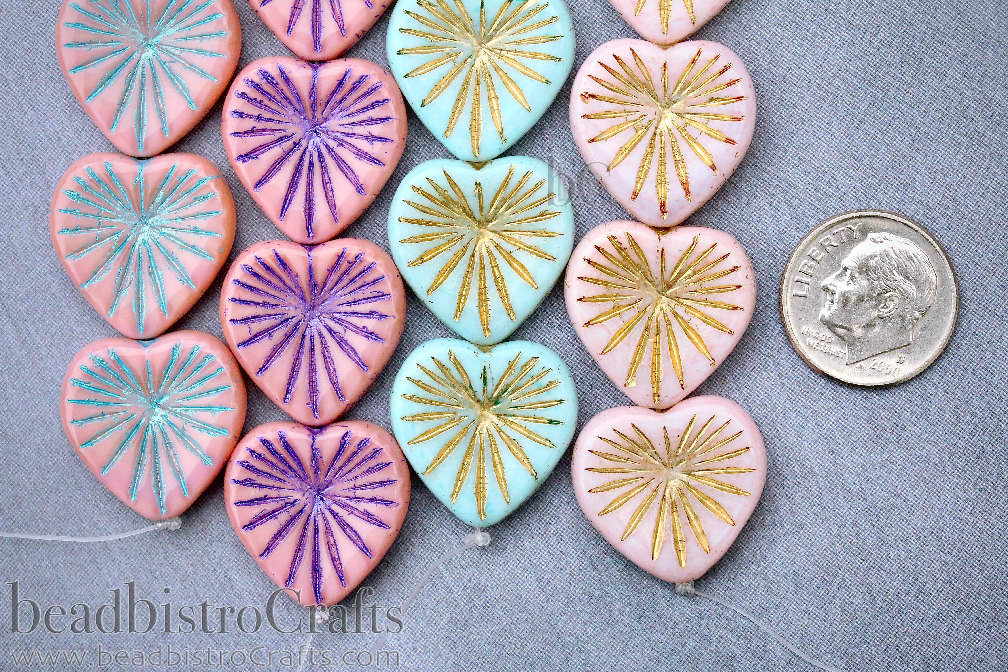Czech Glass Starburst Heart Beads 18mm Alabaster Pale Strawberry with Metallic Gold Wash (2 or 4pcs)