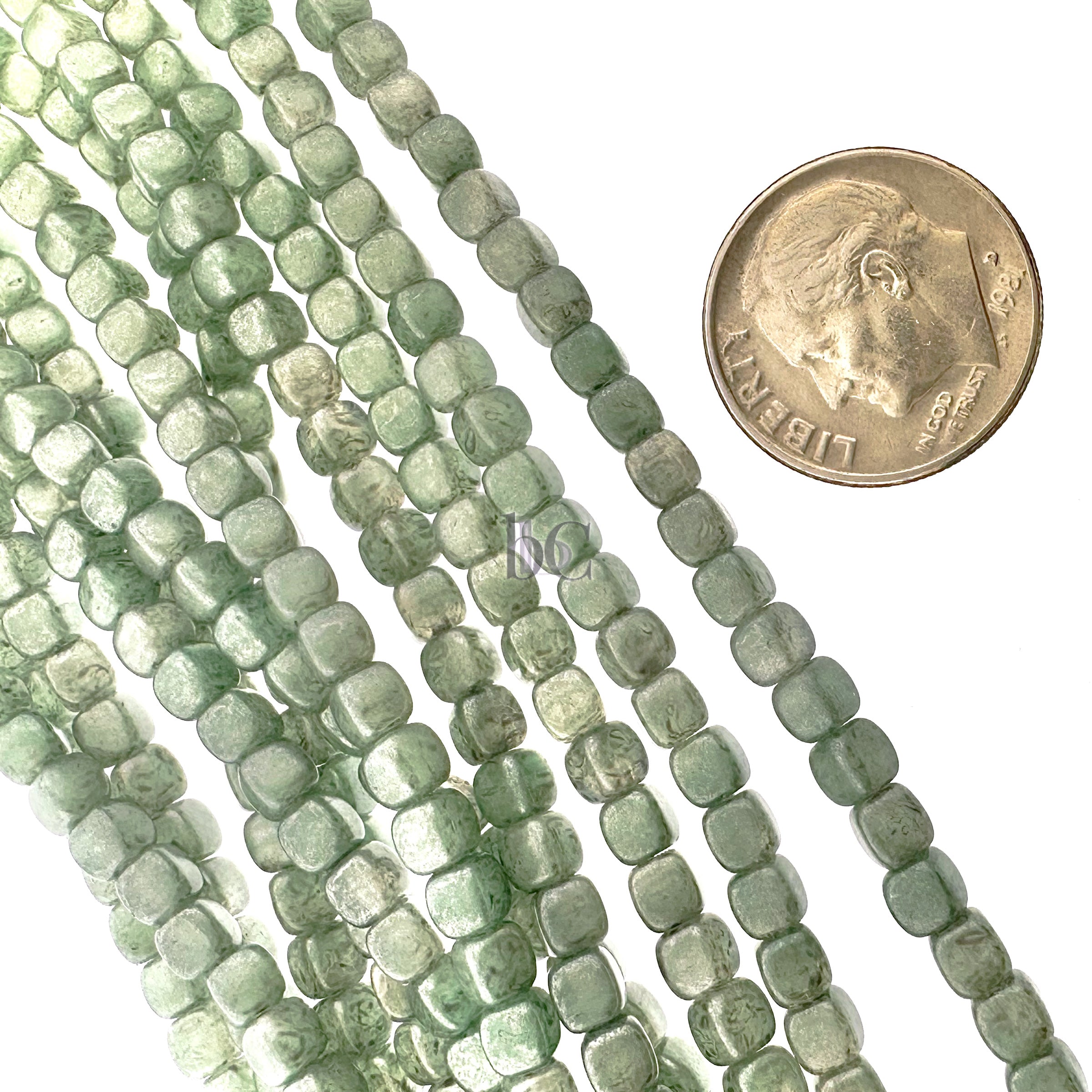 Czech Glass MINI Cube 4x4mm Pressed Glass Bead SeaFoam Silver Patina Luster (50pc)
