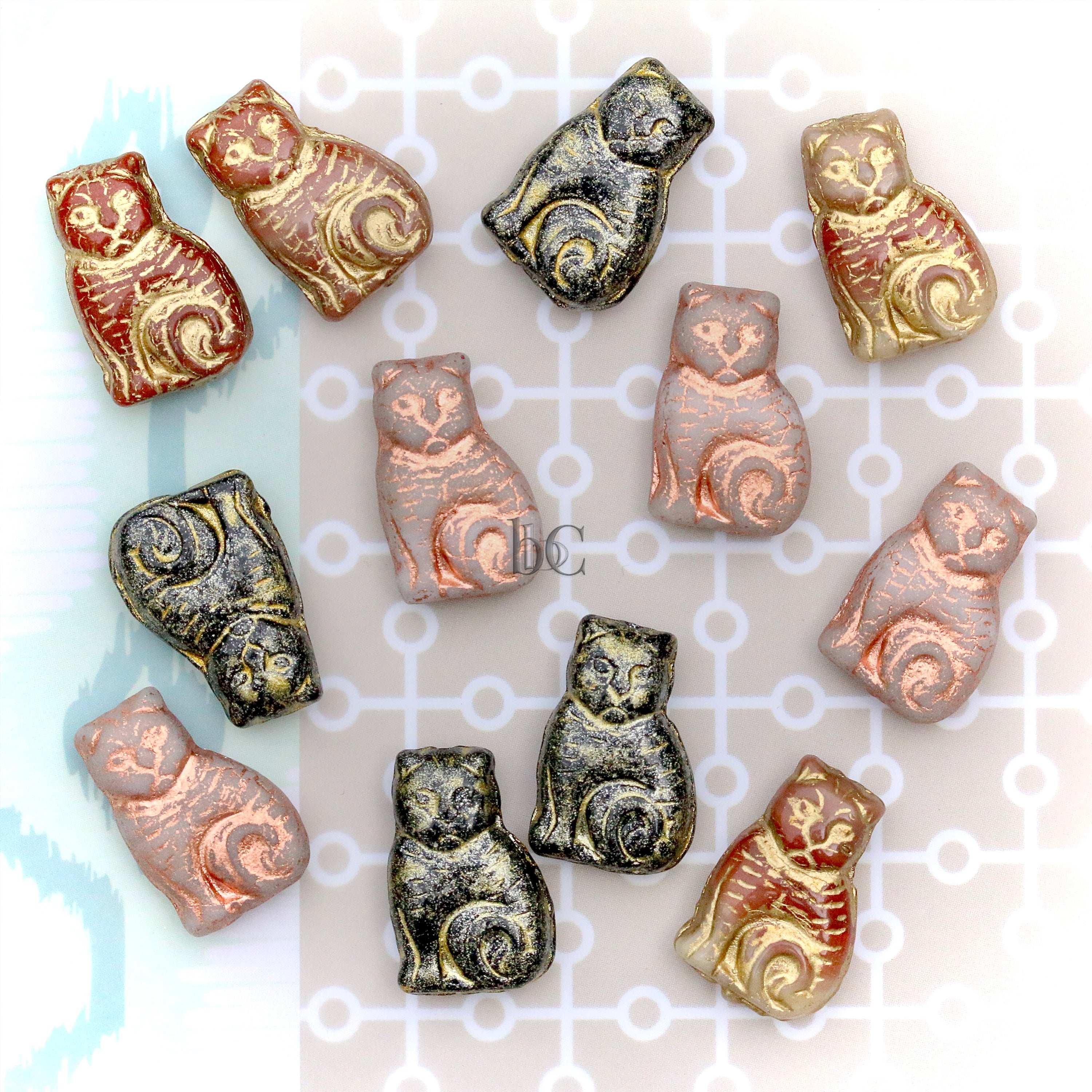 Czech Glass Cat Beads 17x11mm Matte Grey Calico Copper Wash (4pcs)
