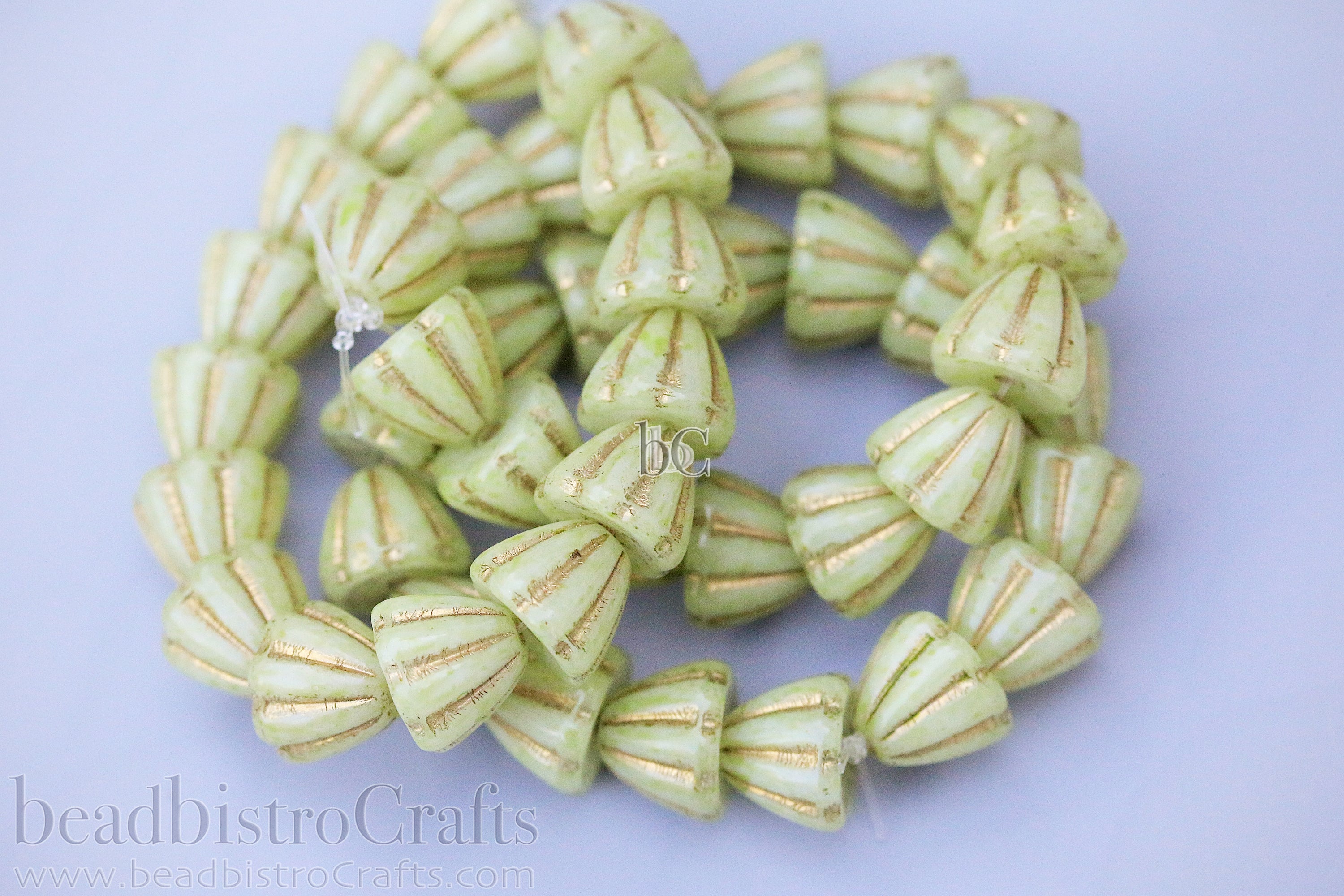 Czech Glass Beads Flower Cupola Beads 7x9mm Alabaster Pale Lime Coat Metallic Gold Wash (15pcs)