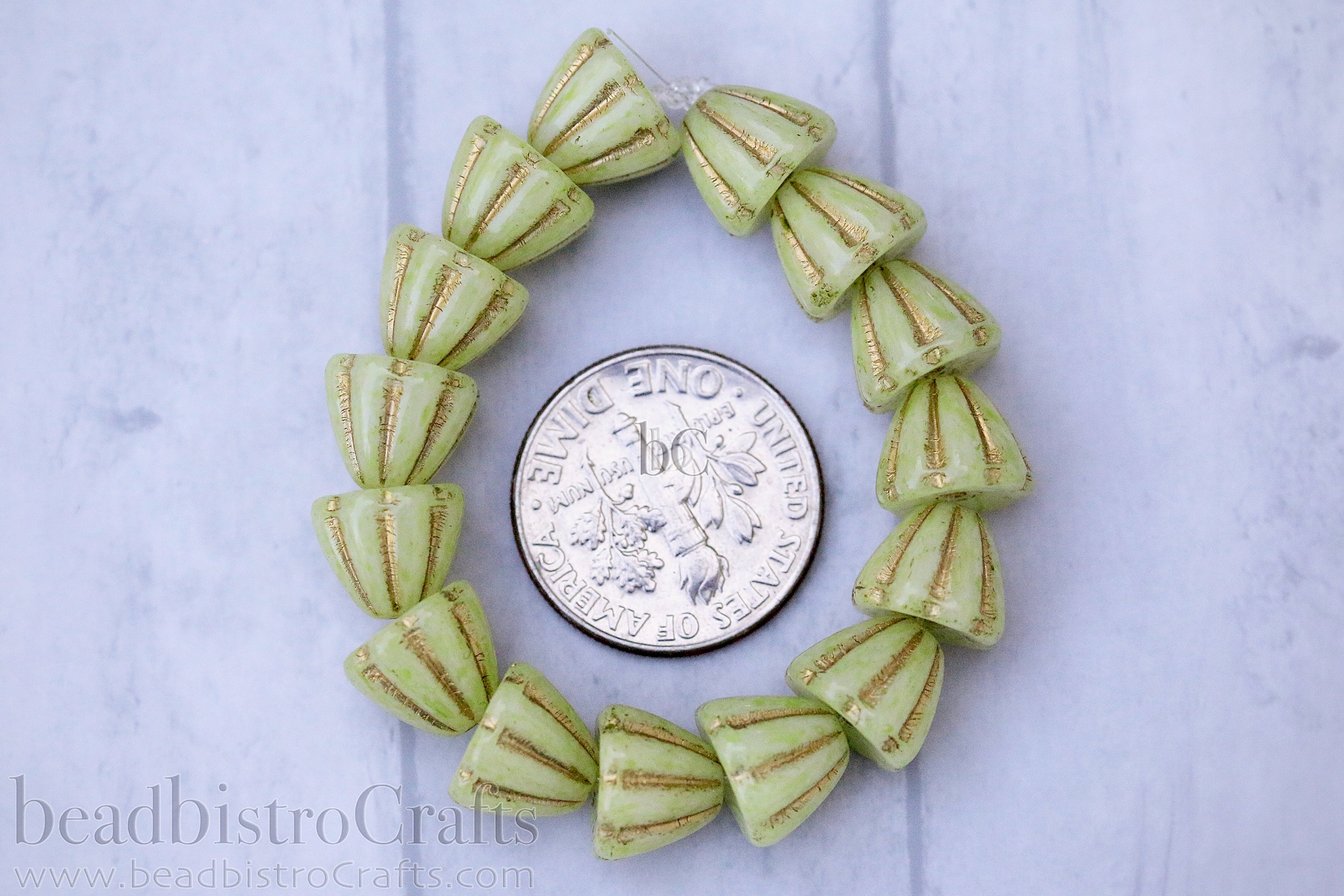 Czech Glass Beads Flower Cupola Beads 7x9mm Alabaster Pale Lime Coat Metallic Gold Wash (15pcs)