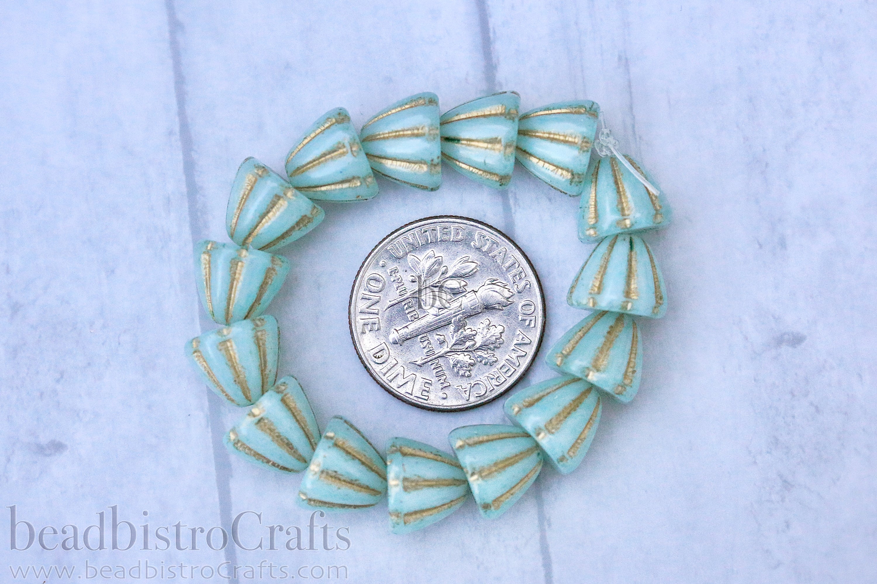 Czech Glass Beads Flower Cupola Beads 7x9mm Alabaster Pale Mint Coat Metallic Gold Wash (15pcs)