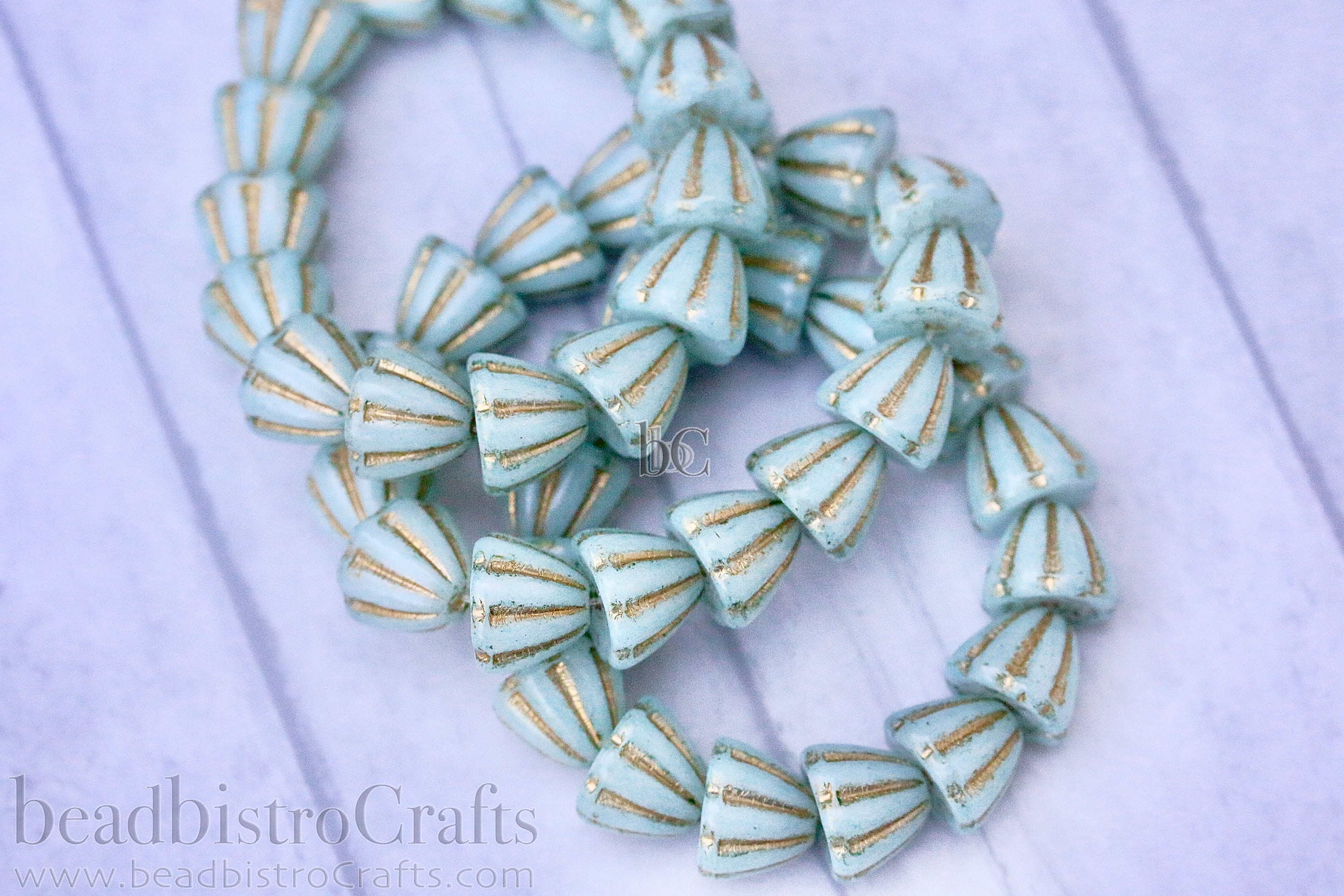 Czech Glass Beads Flower Cupola Beads 7x9mm Alabaster Pale Mint Coat Metallic Gold Wash (15pcs)