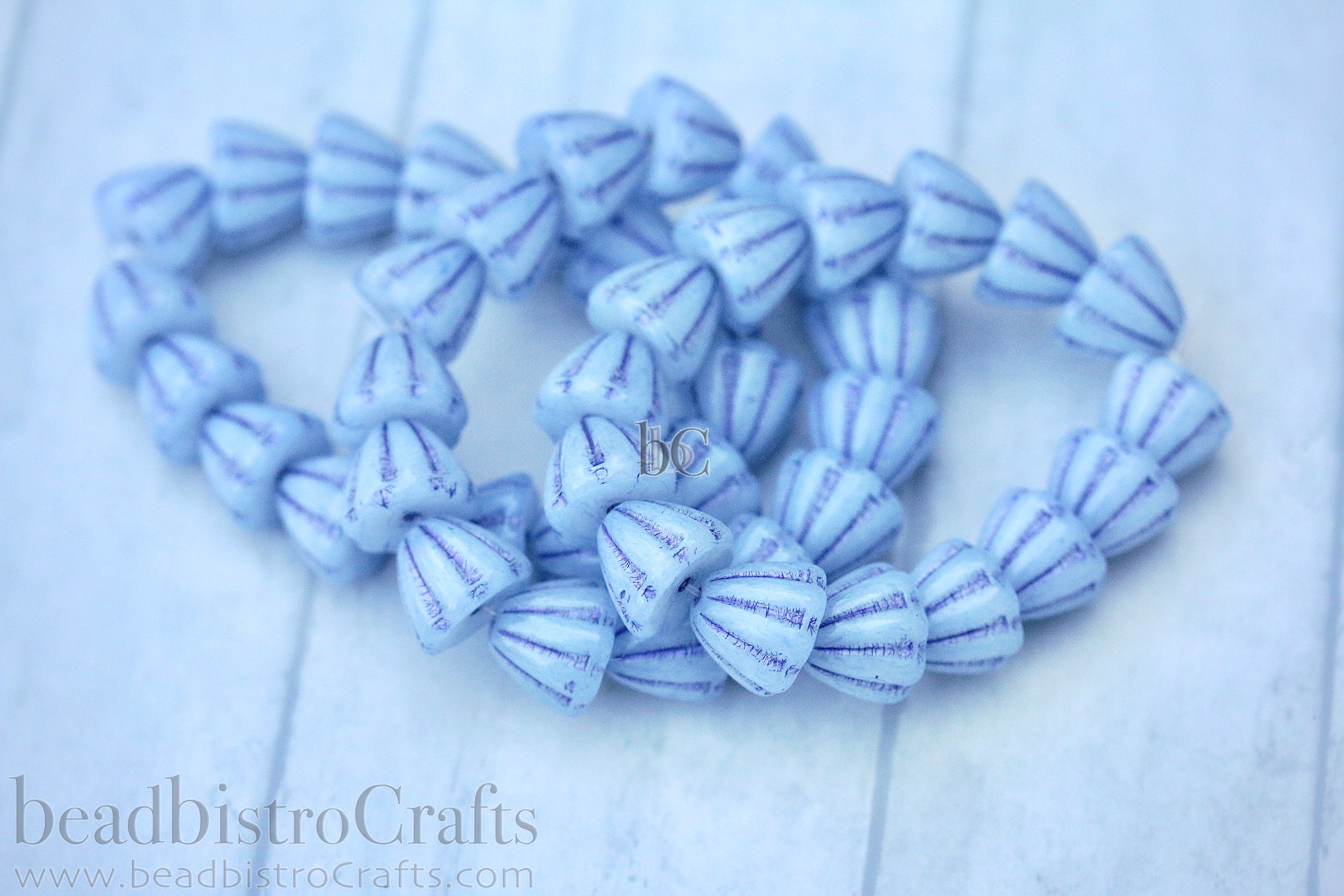 Czech Glass Beads Flower Cupola Beads 7x9mm Alabaster Pale Blue Coat Purple Wash (15pcs)