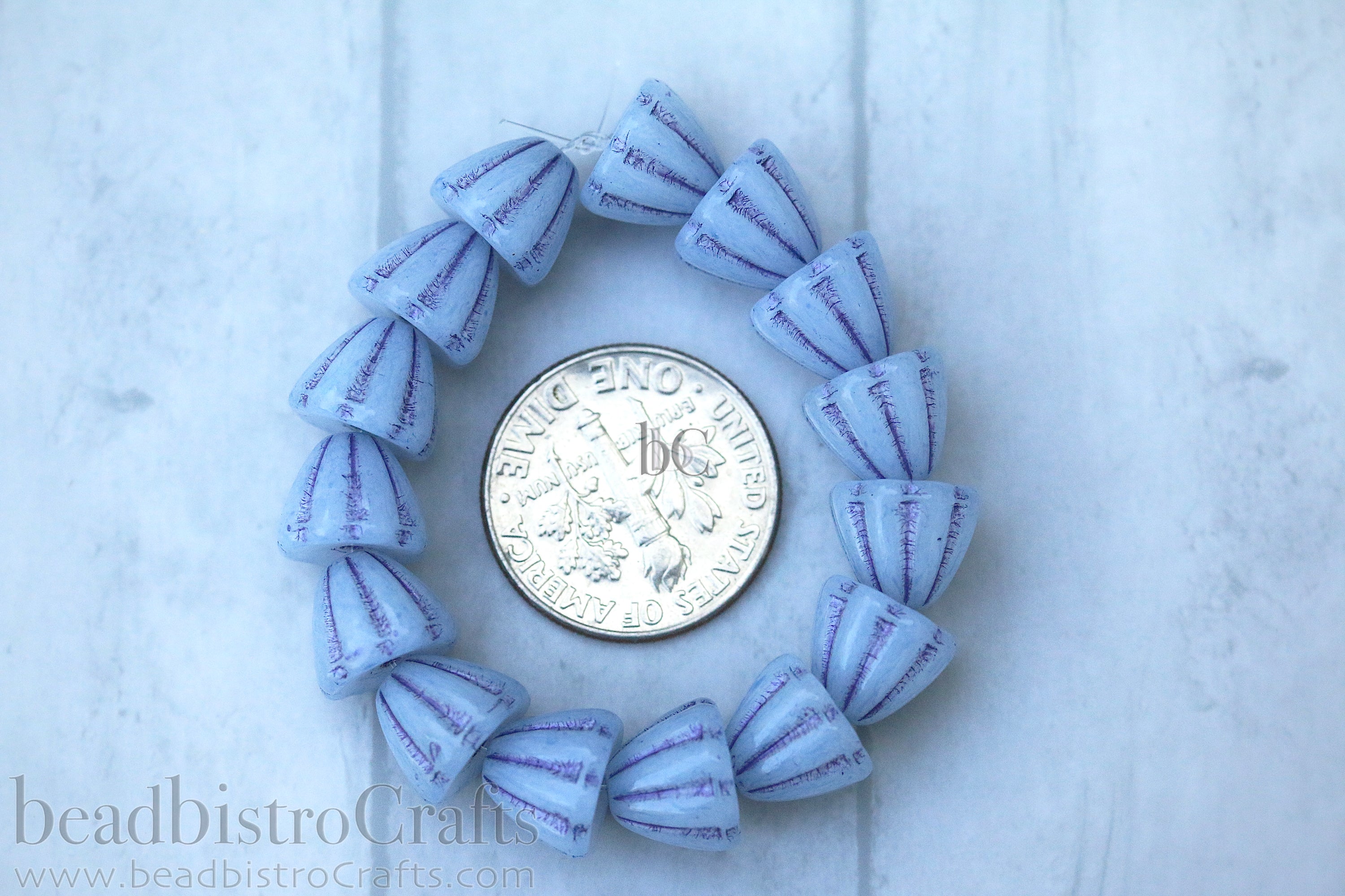 Czech Glass Beads Flower Cupola Beads 7x9mm Alabaster Pale Blue Coat Purple Wash (15pcs)