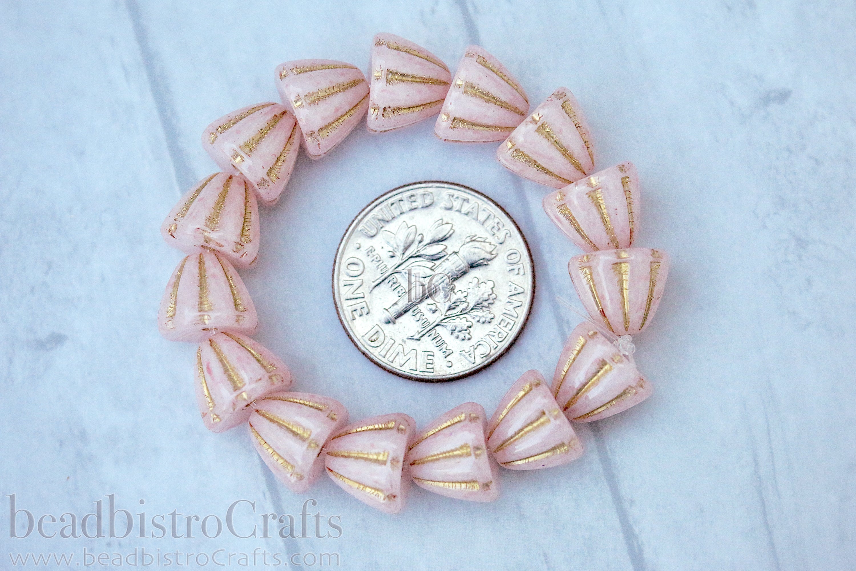 Czech Glass Beads Flower Cupola Beads 7x9mm Alabaster Pale Pink Coat Metallic Gold Wash (15pcs)