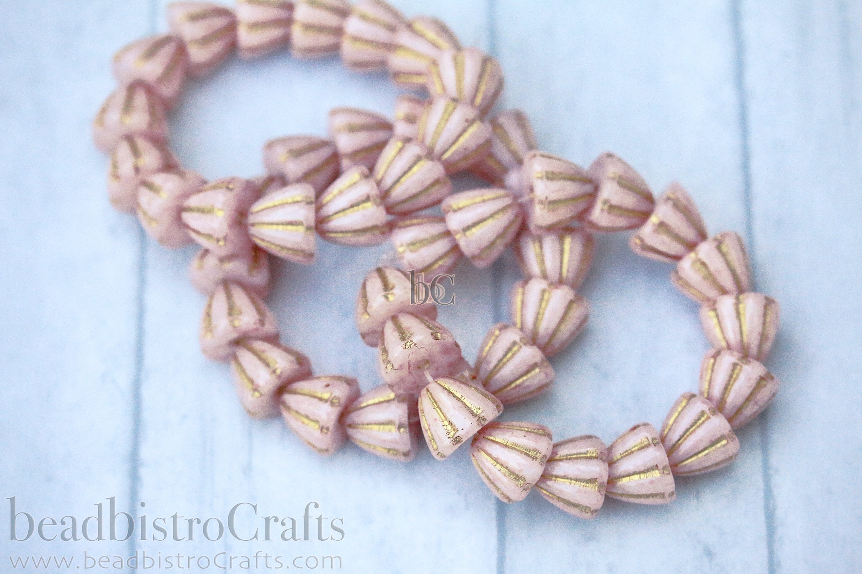 Czech Glass Beads Flower Cupola Beads 7x9mm Alabaster Pale Pink Coat Metallic Gold Wash (15pcs)