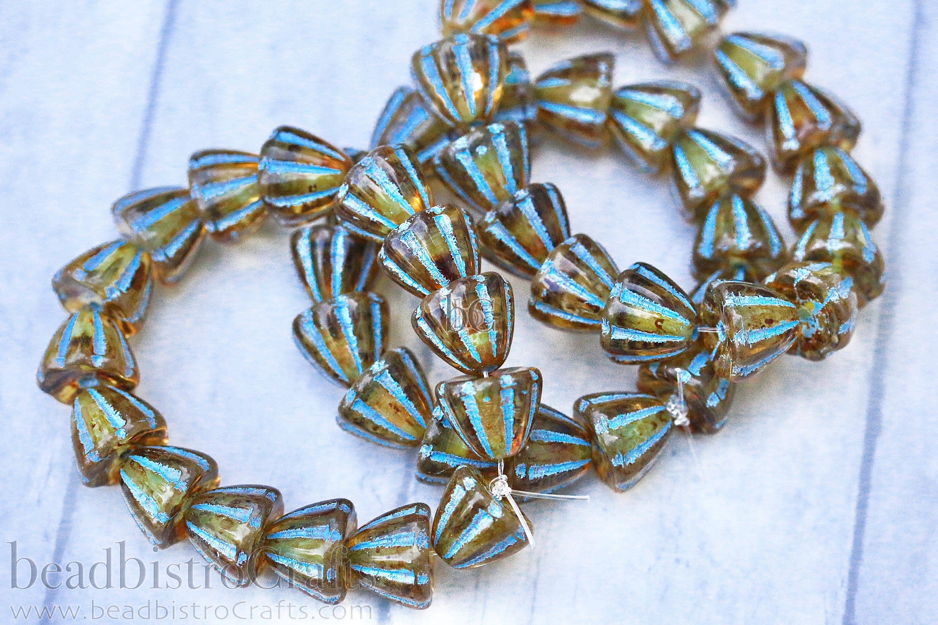 Czech Glass Beads Flower Cupola Beads 7x9mm Crystal Travertine Light Blue Wash (15pcs)