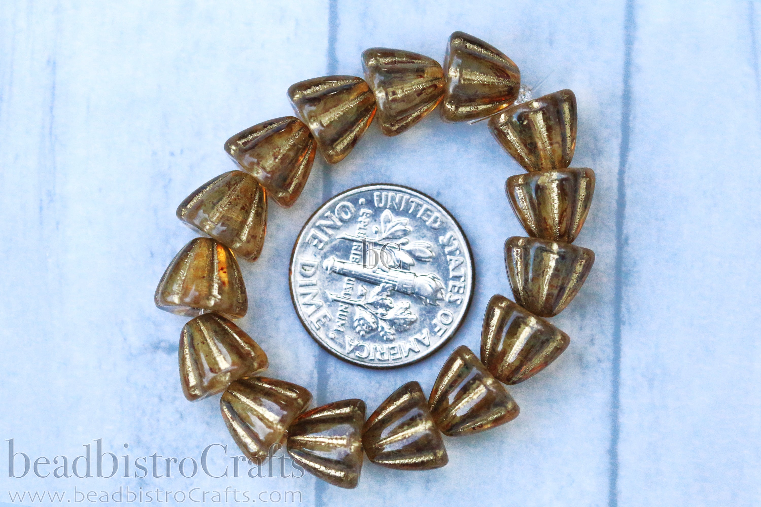 Czech Glass Beads Flower Cupola Beads 7x9mm Crystal Travertine Metallic Gold Wash (15pcs)