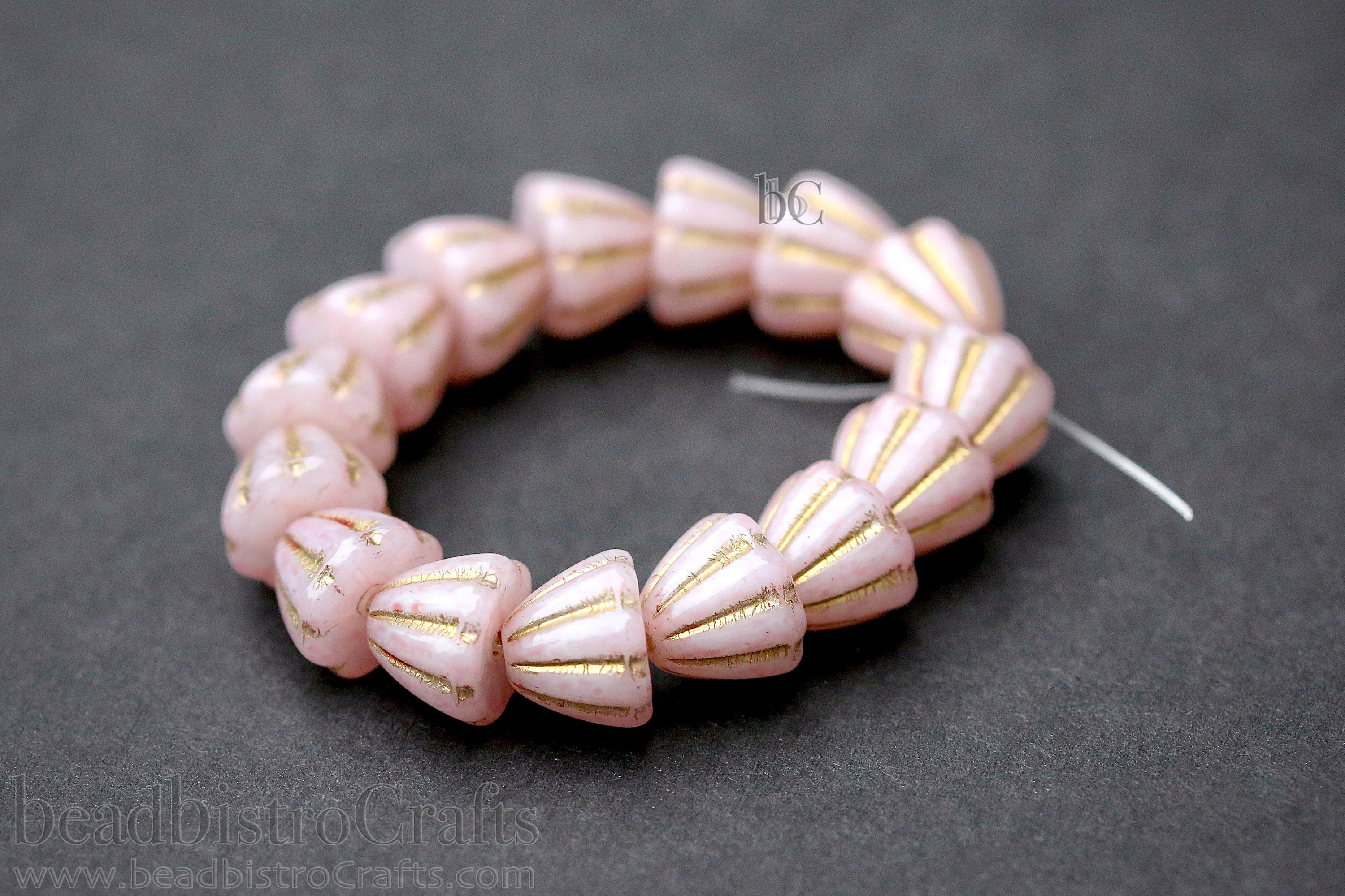 Czech Glass Beads Flower Cupola Beads 7x9mm Alabaster Pale Pink Coat Metallic Gold Wash (15pcs)