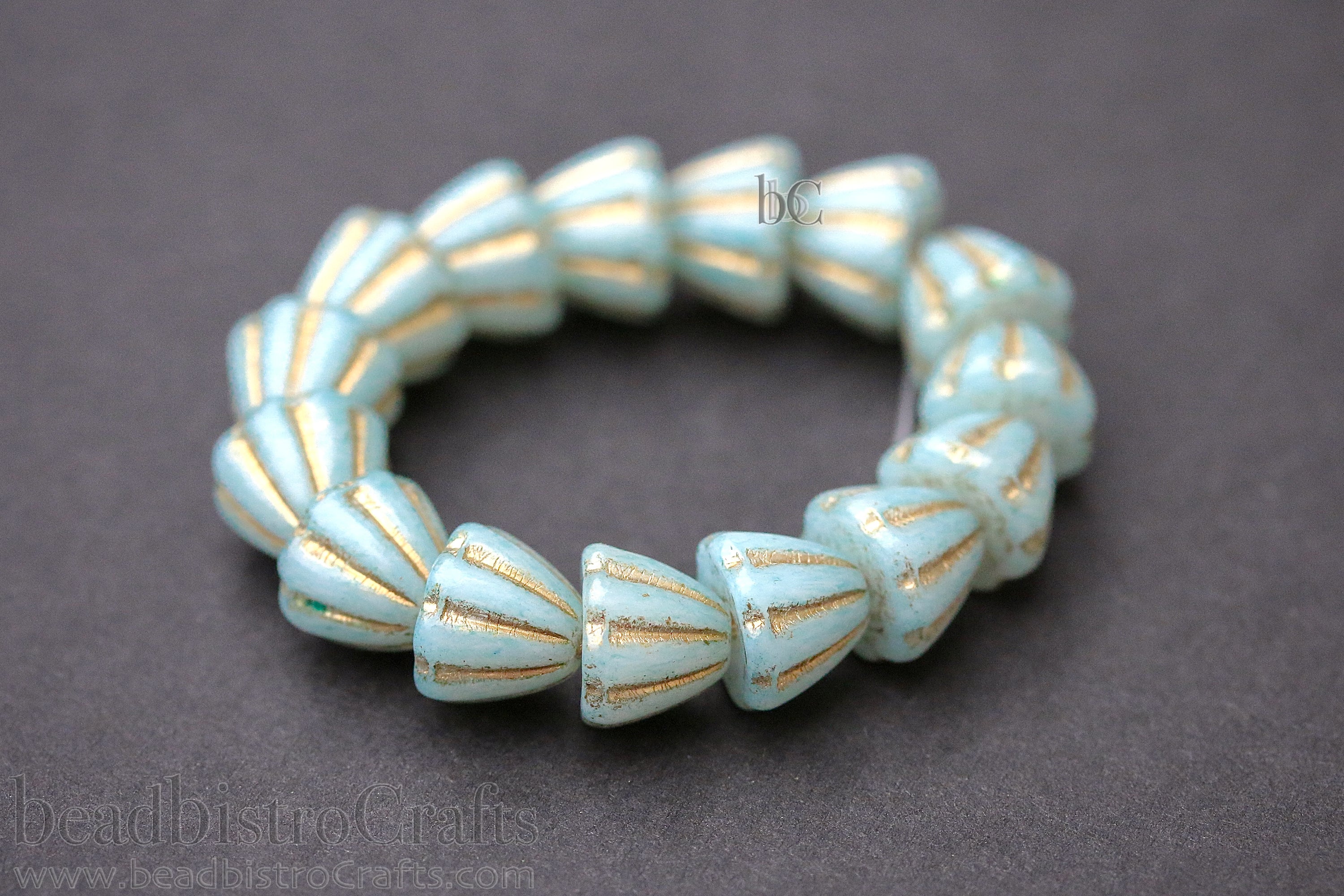 Czech Glass Beads Flower Cupola Beads 7x9mm Alabaster Pale Mint Coat Metallic Gold Wash (15pcs)