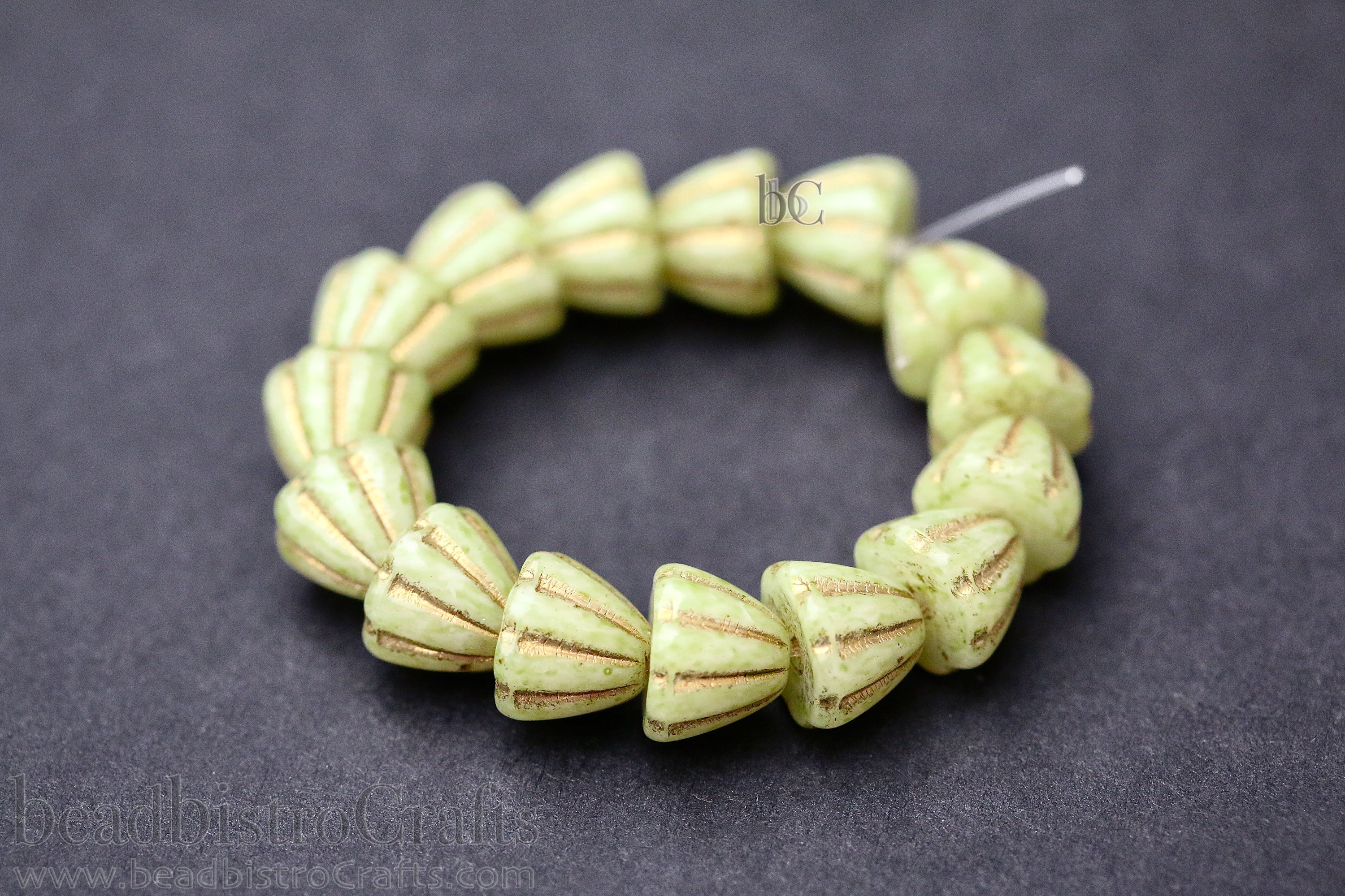 Czech Glass Beads Flower Cupola Beads 7x9mm Alabaster Pale Lime Coat Metallic Gold Wash (15pcs)