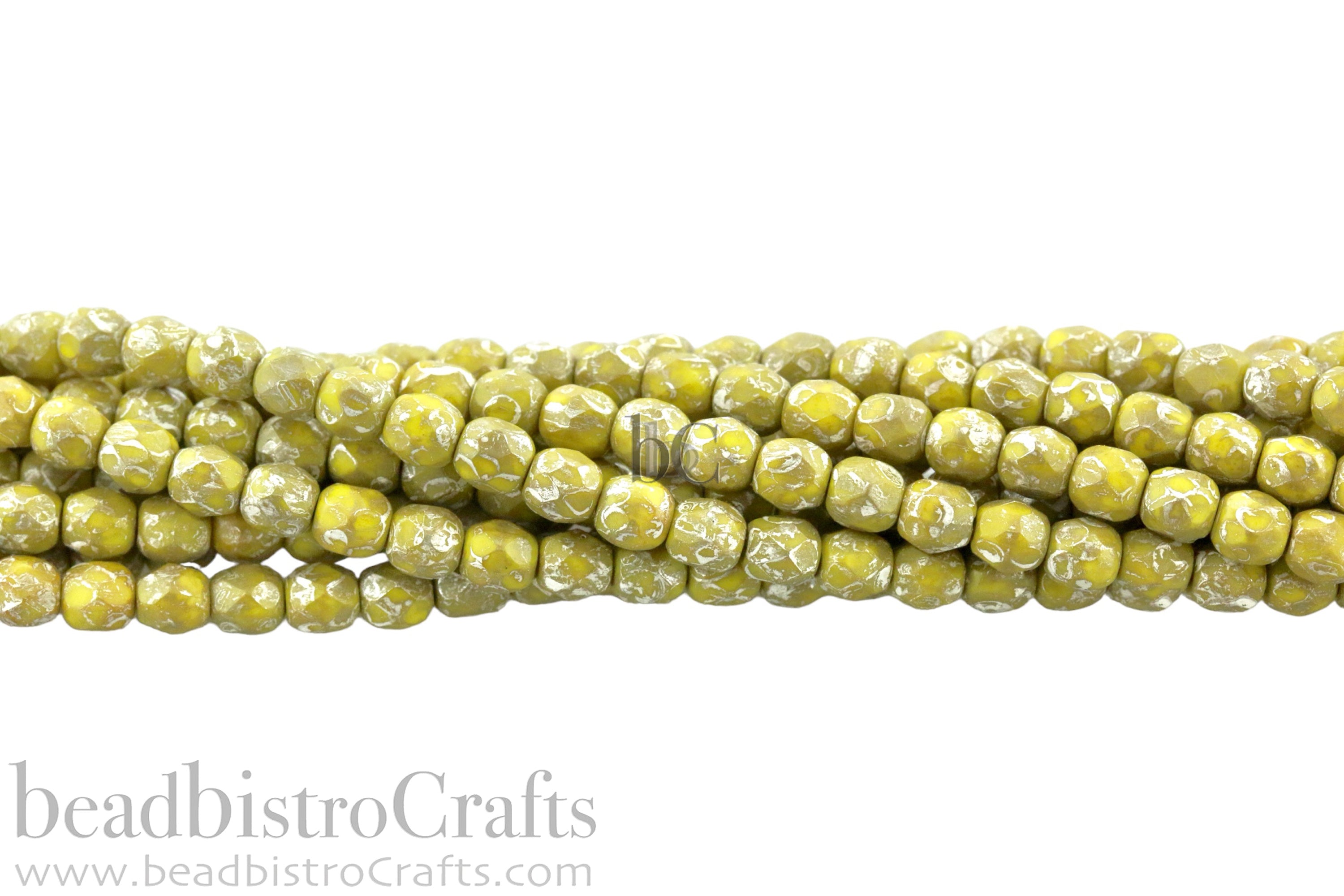 Opaque Lemon Silver Picasso, 4mm Round Fire Polish Beads (50pcs)