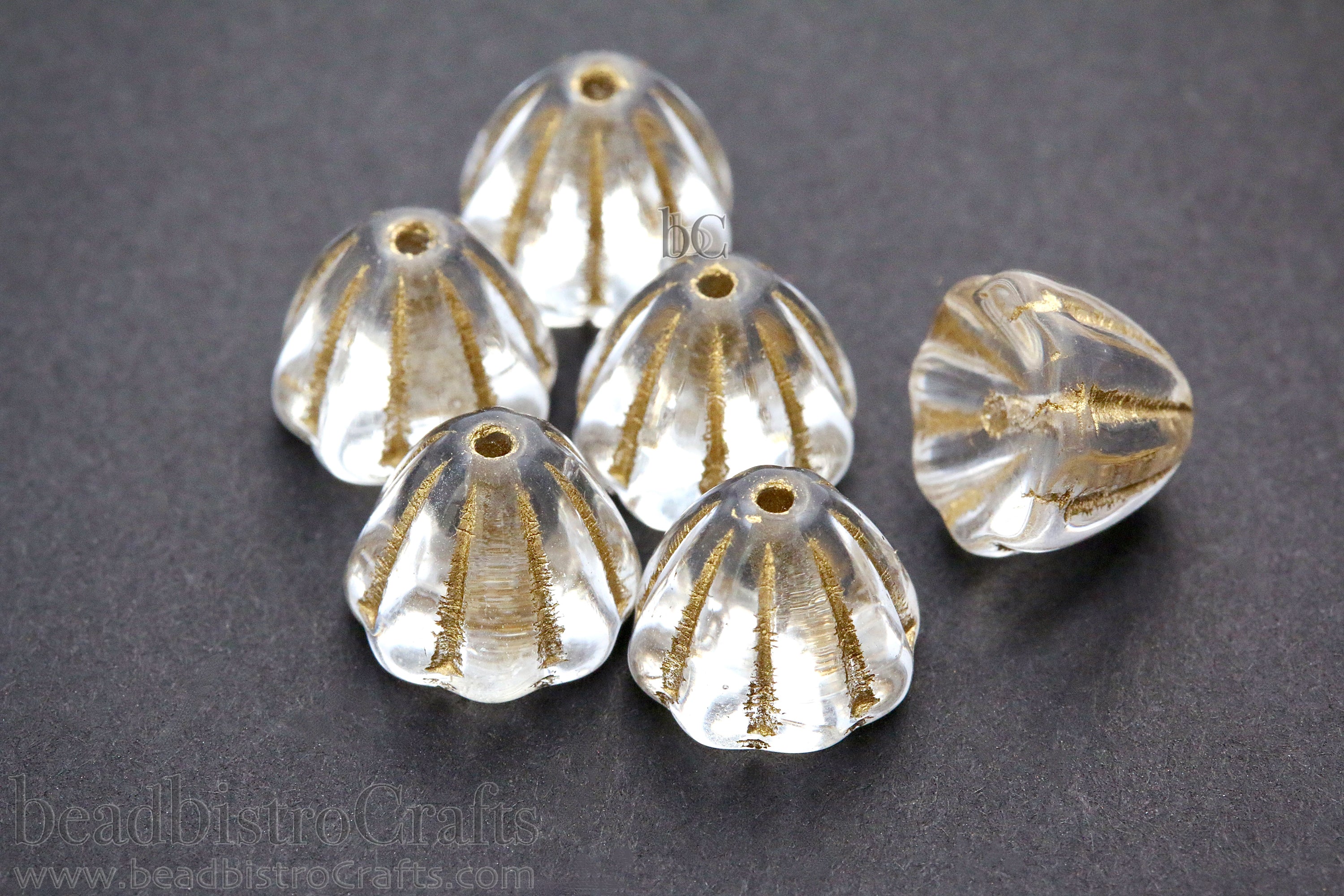Czech Glass Beads Flower Cupola Beads 7x9mm Crystal Metallic Gold Wash (15pcs)