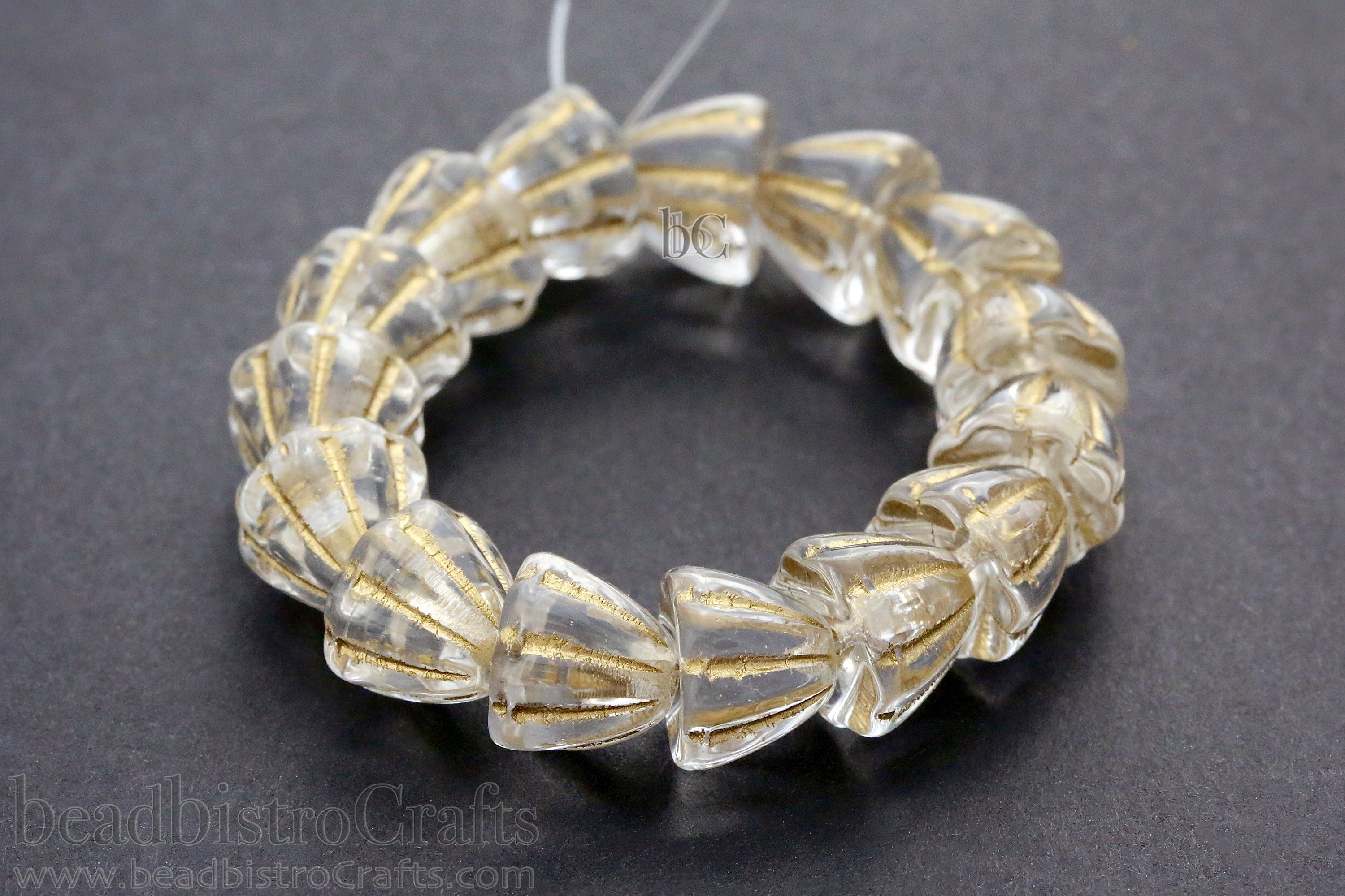 Czech Glass Beads Flower Cupola Beads 7x9mm Crystal Metallic Gold Wash (15pcs)