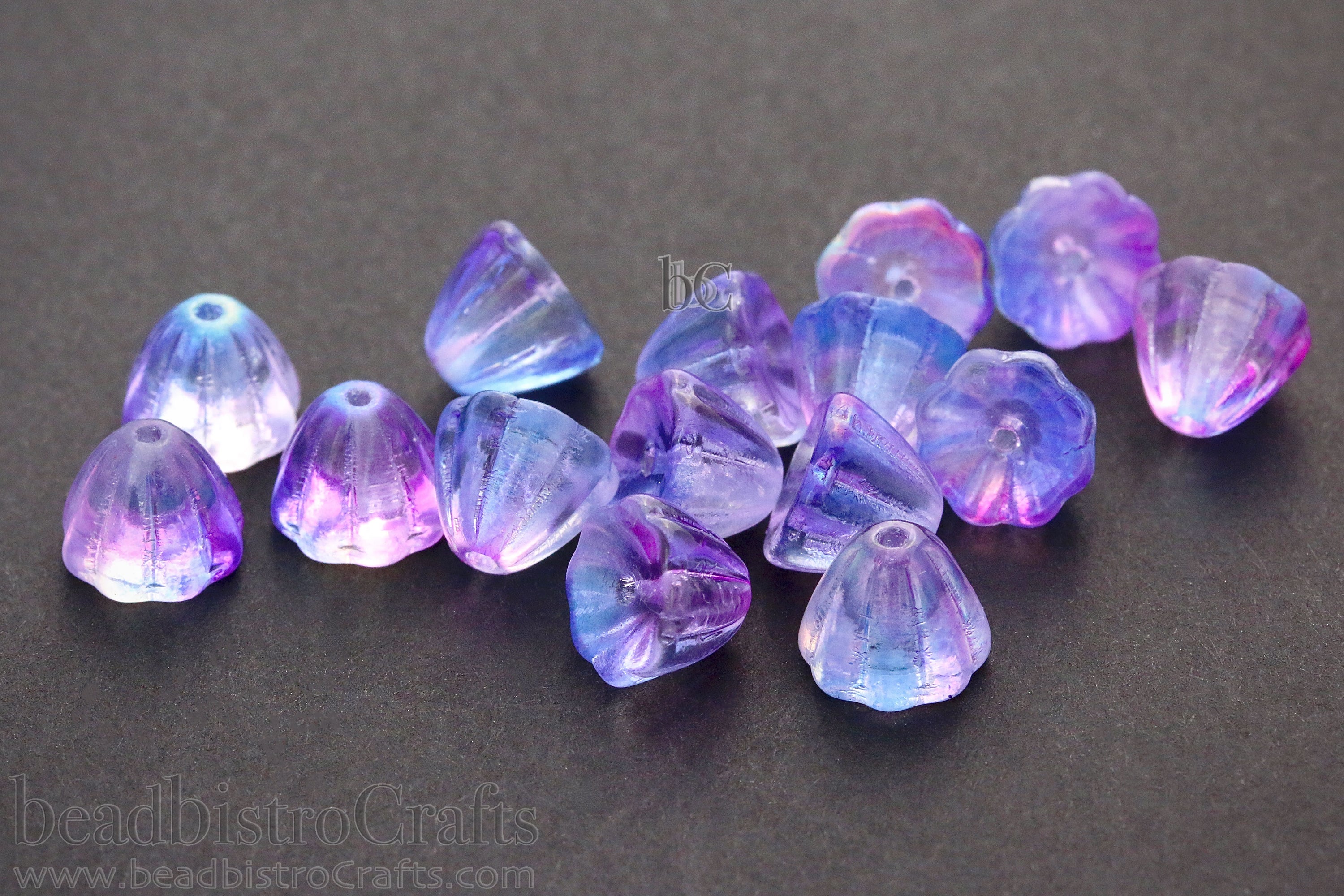 Czech Glass Beads Flower Cupola Beads 7x9mm Crystal Purple Blue Glossy Coat (15pcs)