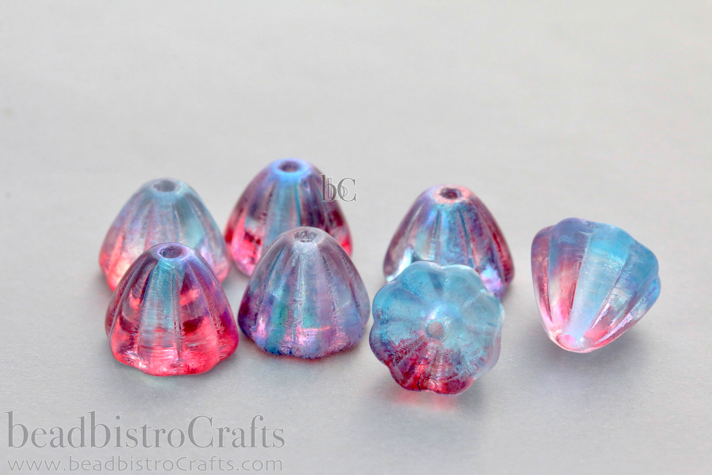 Czech Glass Beads Flower Cupola Beads 7x9mm Crystal Teal Pink Glossy Coat (15pcs)