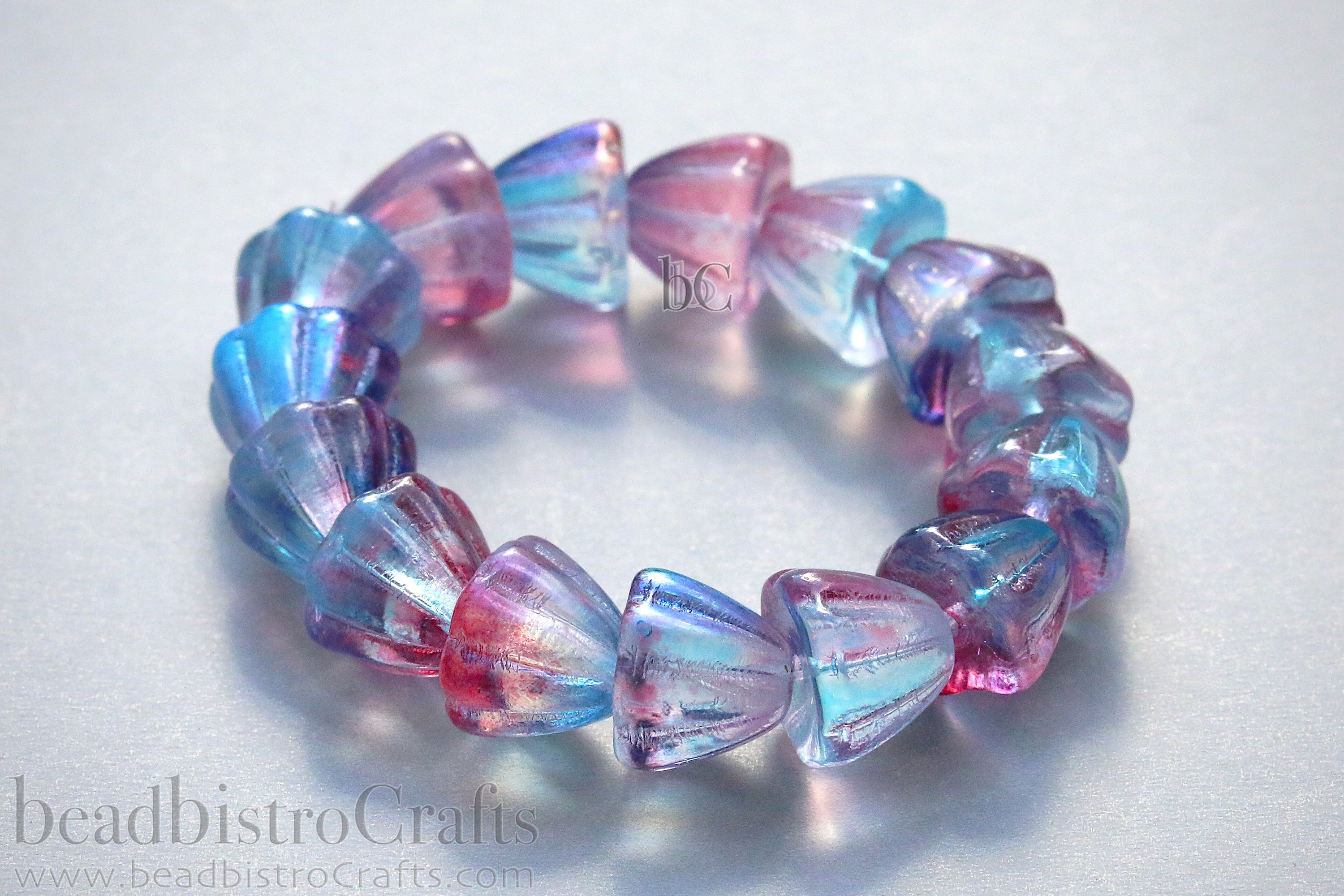 Czech Glass Beads Flower Cupola Beads 7x9mm Crystal Teal Pink Glossy Coat (15pcs)