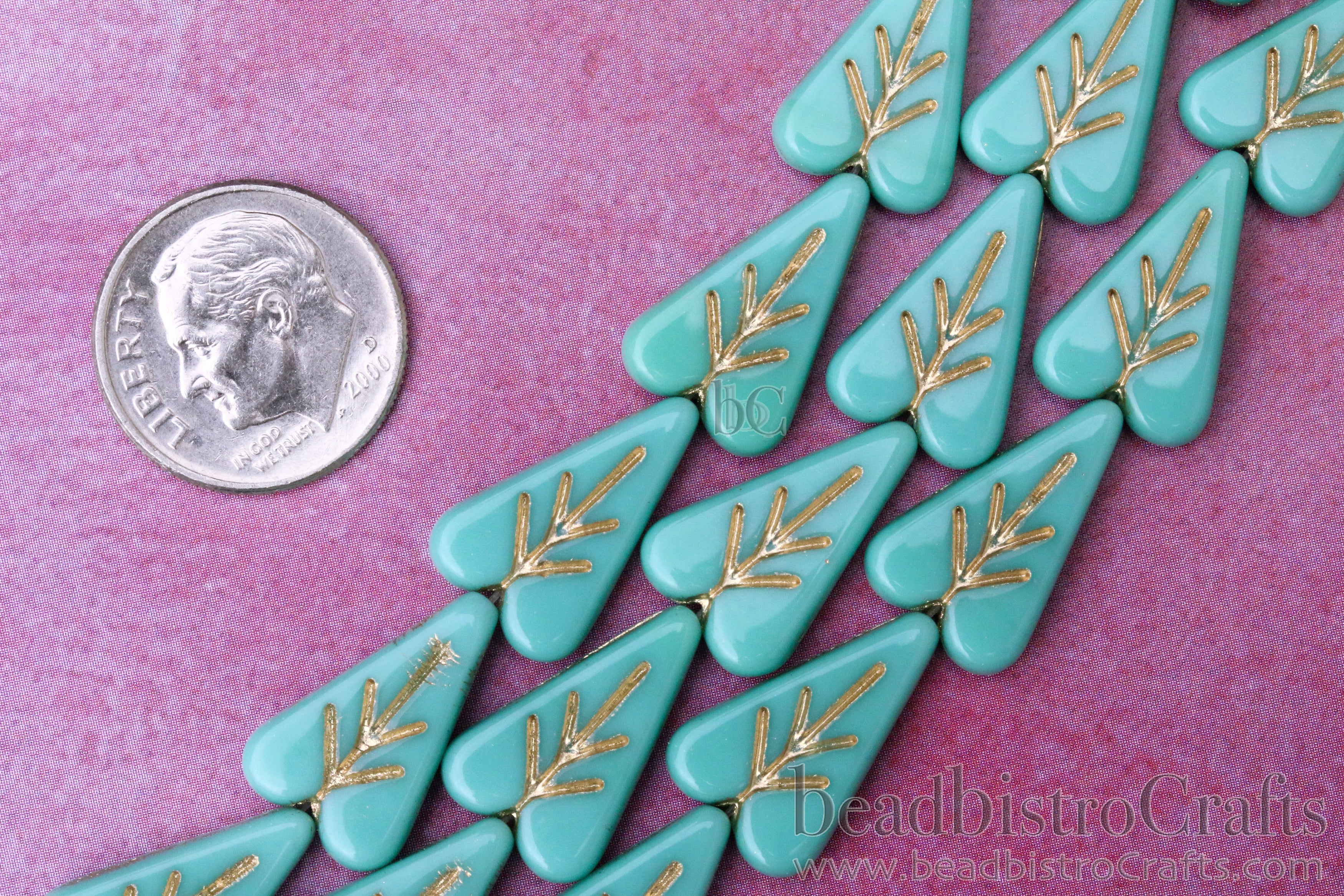 Czech Glass Heart Leaf Beads 16x11mm Opaque Turquoise / Gold Wash (8pcs)
