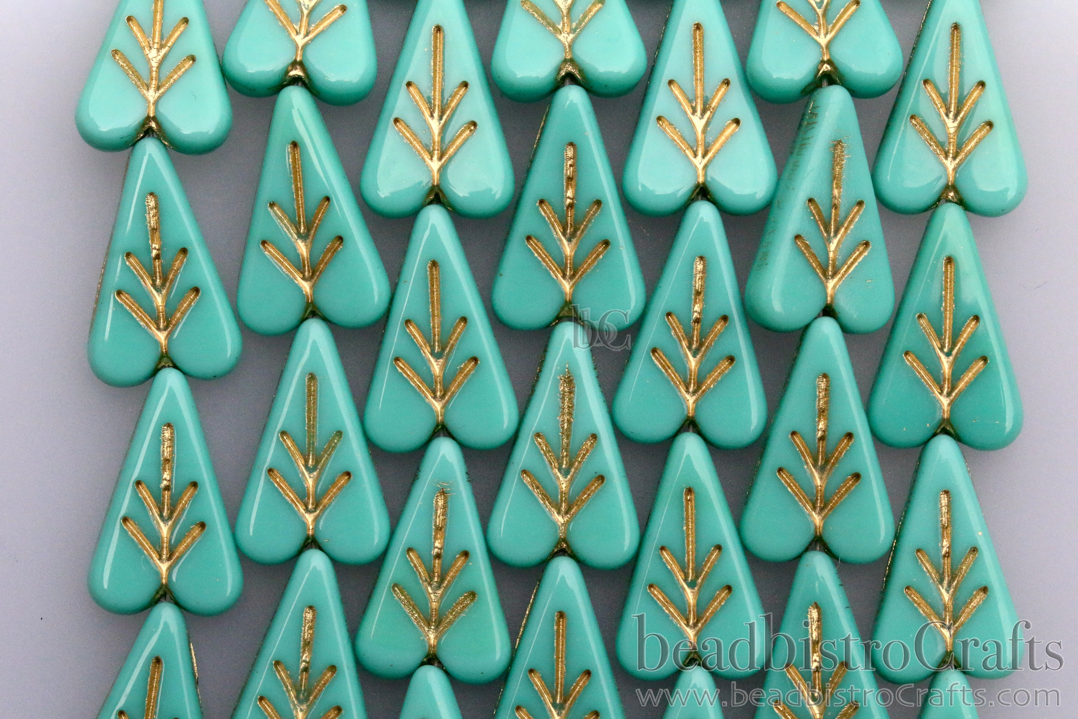 Czech Glass Heart Leaf Beads 16x11mm Opaque Turquoise / Gold Wash (8pcs)