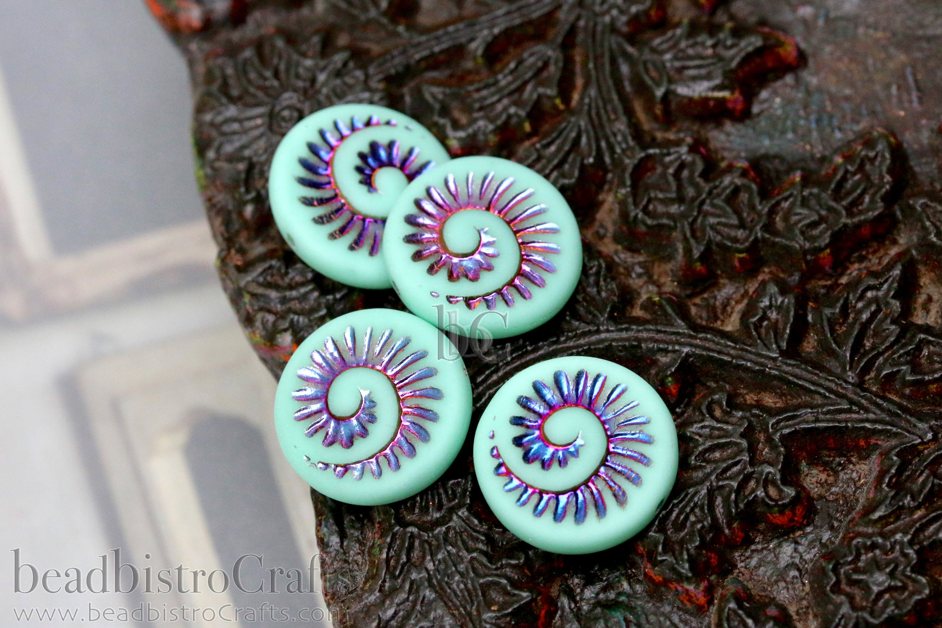 Czech Glass Ammonite Beads 18mm Opaque Frosted Pale Jade Coin Beads (4pcs)