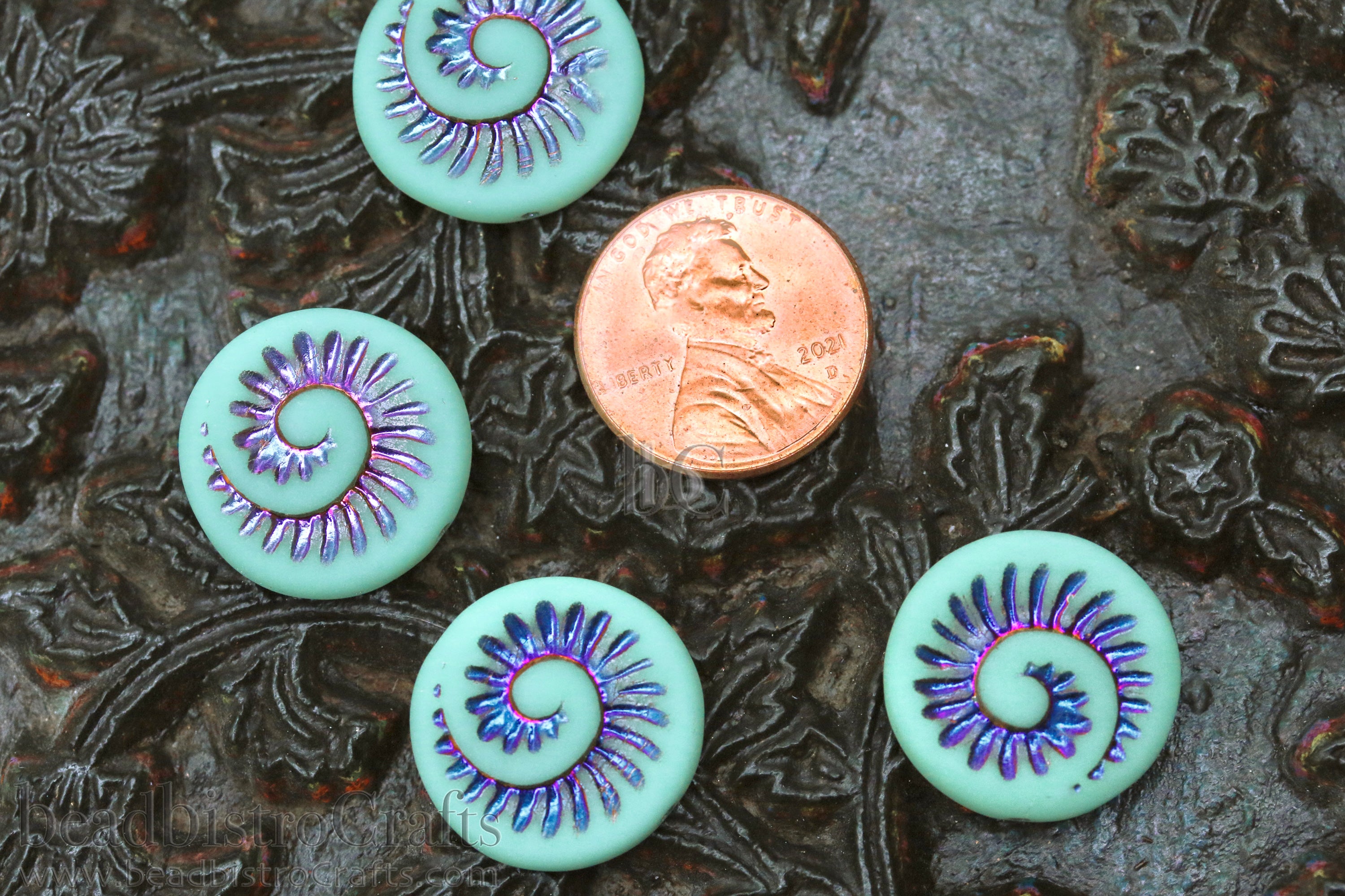 Czech Glass Ammonite Beads 18mm Opaque Frosted Pale Jade Coin Beads (4pcs)