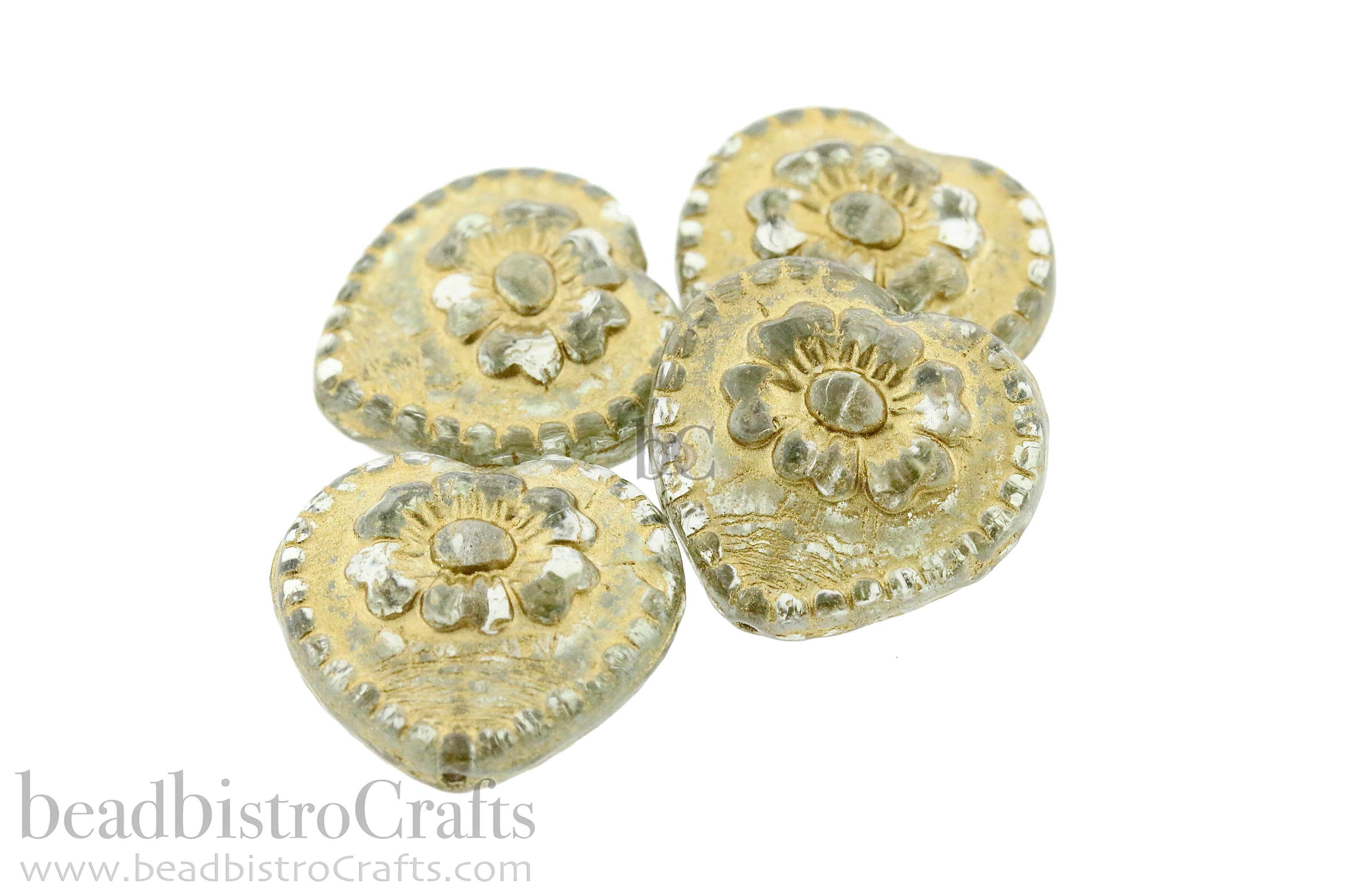 Czech Glass Rustic Heart Beads 17mm Crystal Clear Gold Wash (4pcs)