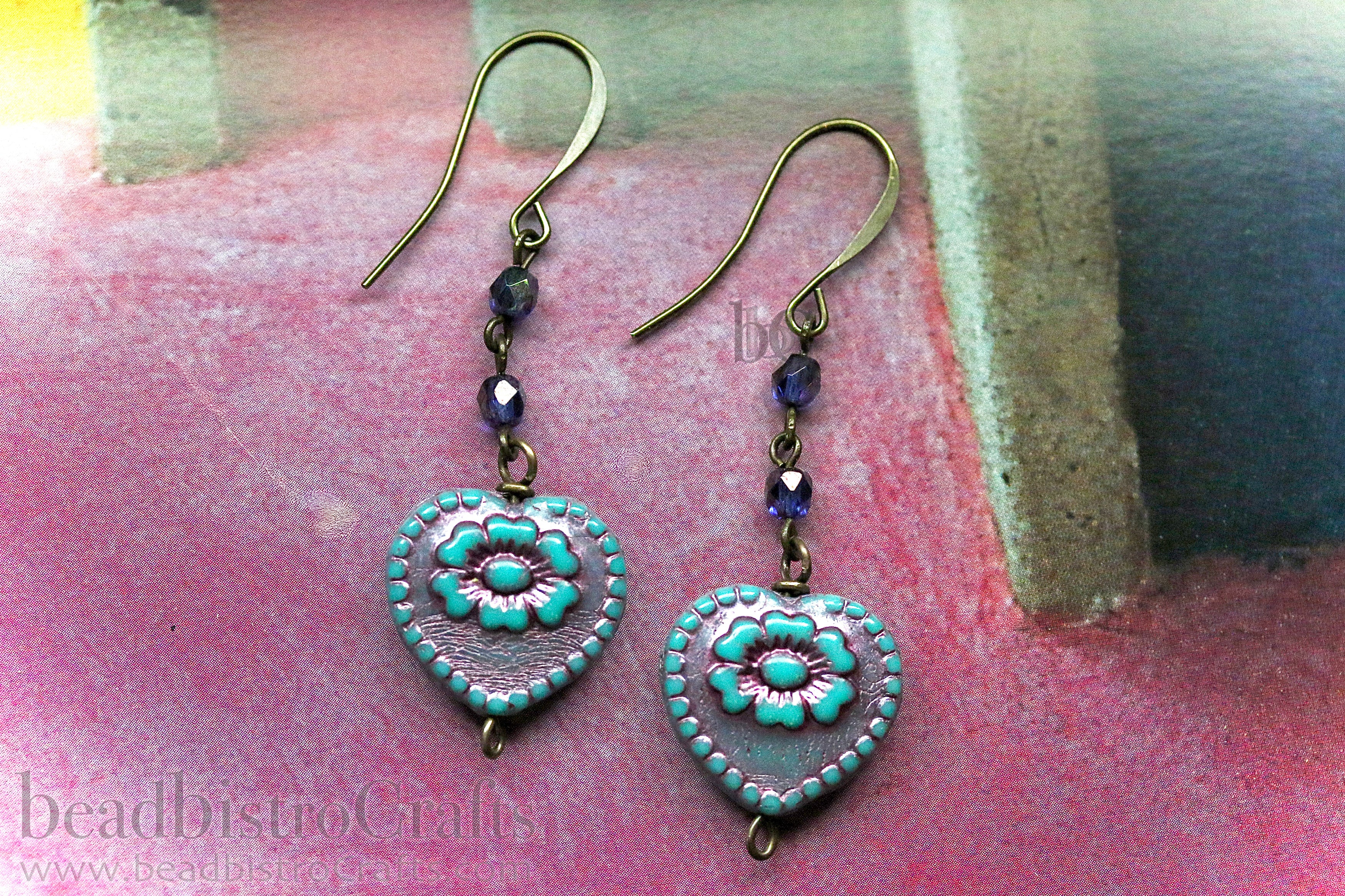 Czech Glass Rustic Heart Beads 17mm Opaque Turquoise Metallic Pink Wash (4pcs)