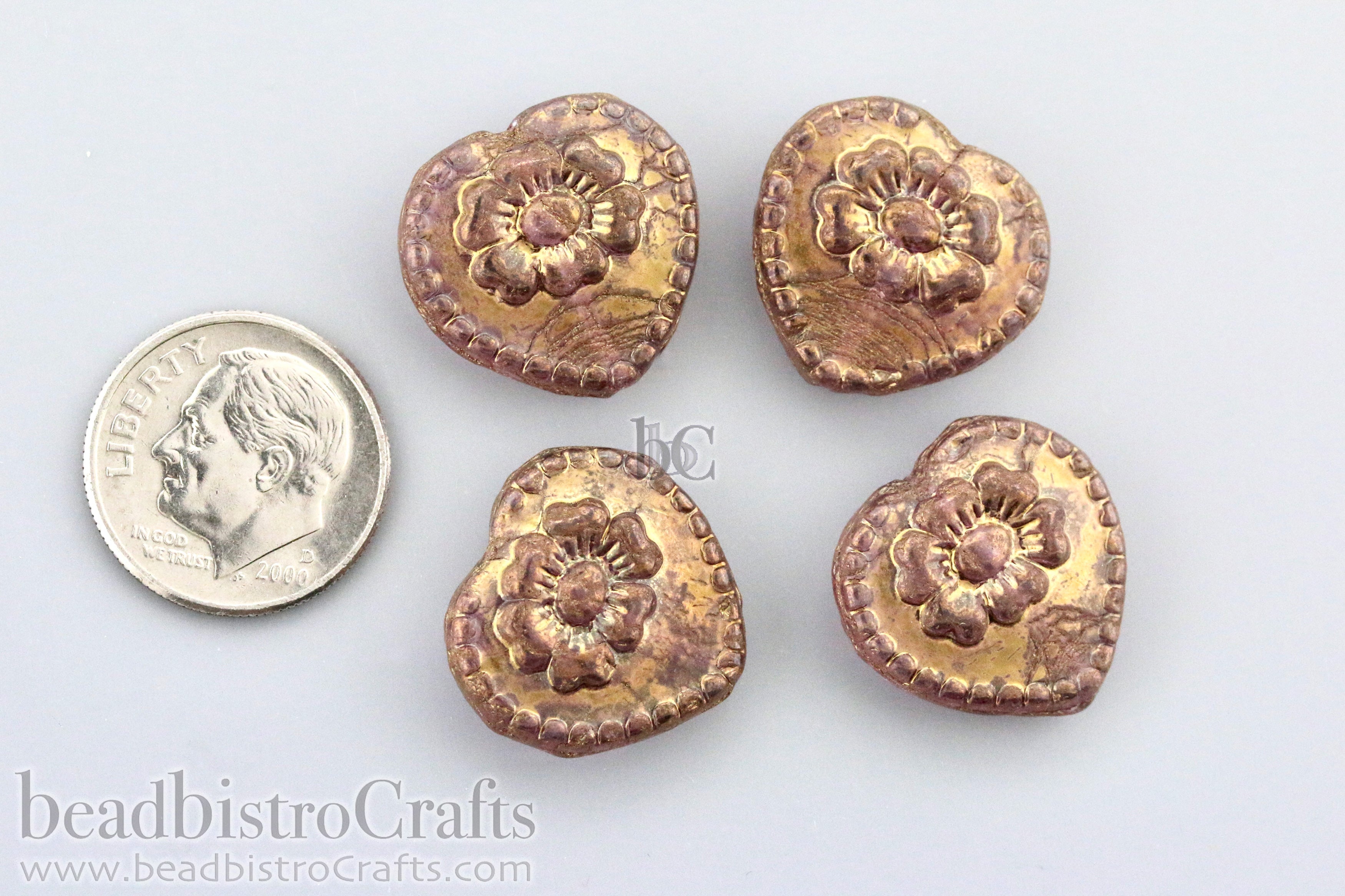 Czech Glass Rustic Heart Beads 17mm Crystal Lila Bronze Luster (4pcs)