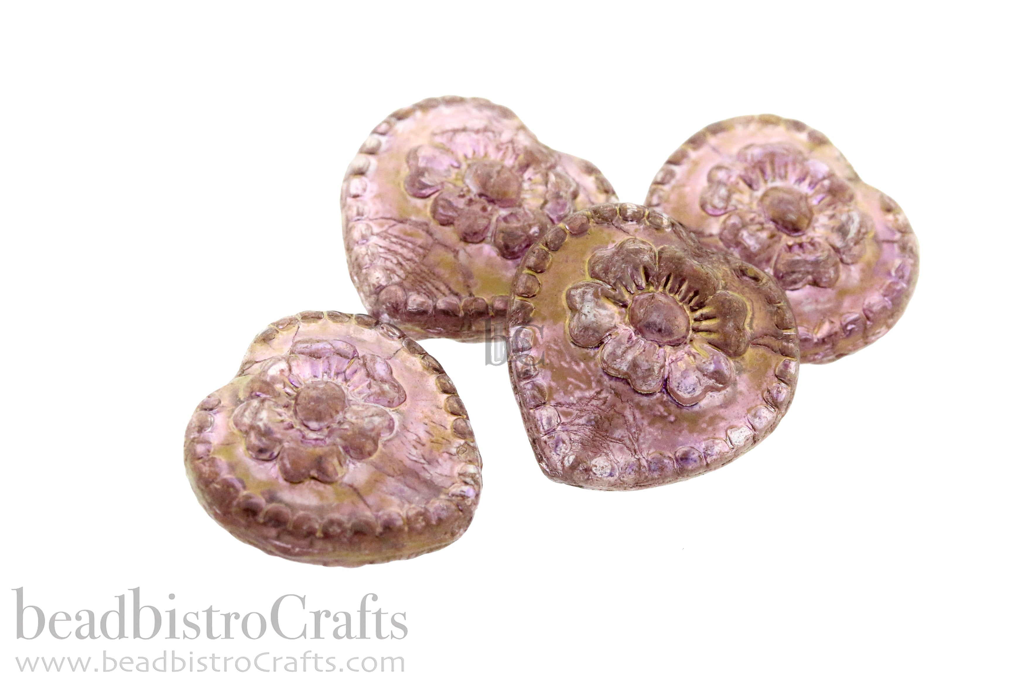 Czech Glass Rustic Heart Beads 17mm Crystal Lila Bronze Luster (4pcs)