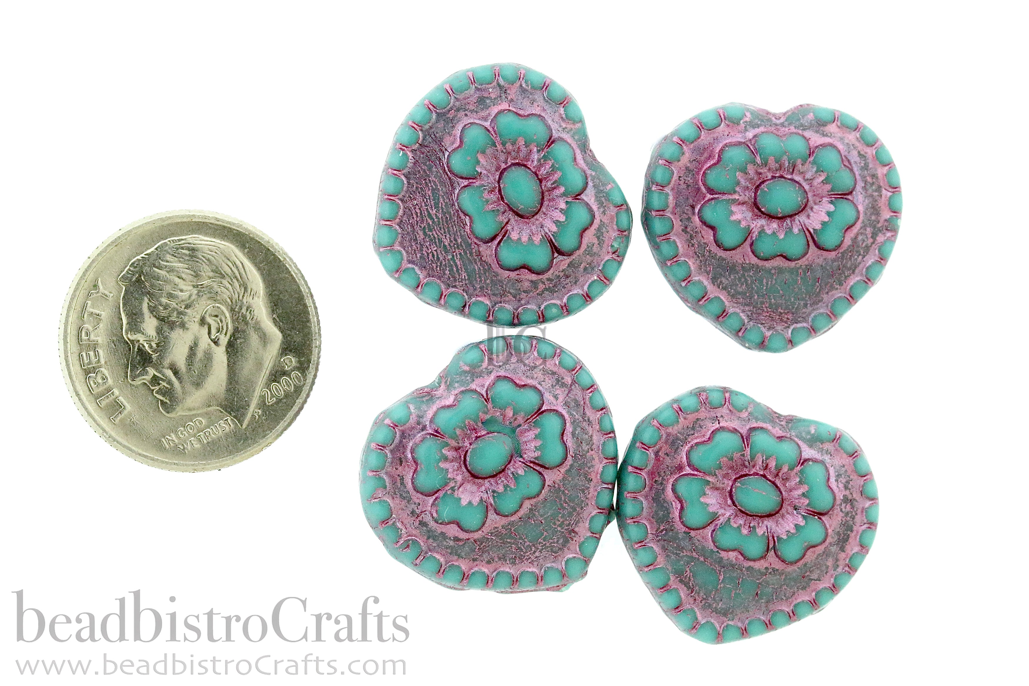 Czech Glass Rustic Heart Beads 17mm Opaque Turquoise Metallic Pink Wash (4pcs)