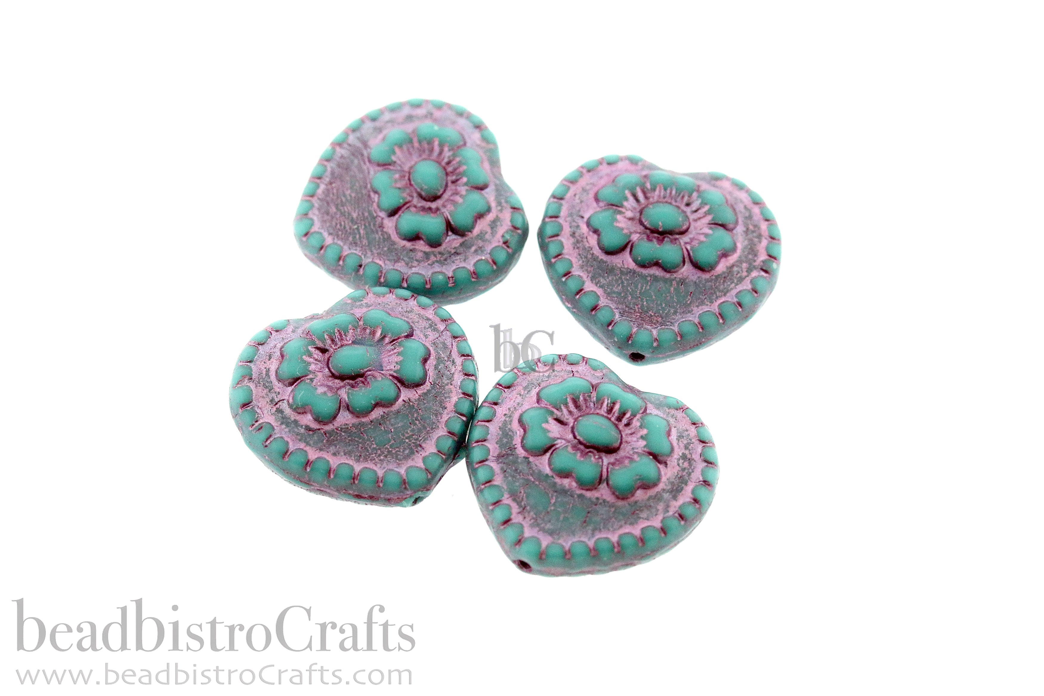 Czech Glass Rustic Heart Beads 17mm Opaque Turquoise Metallic Pink Wash (4pcs)