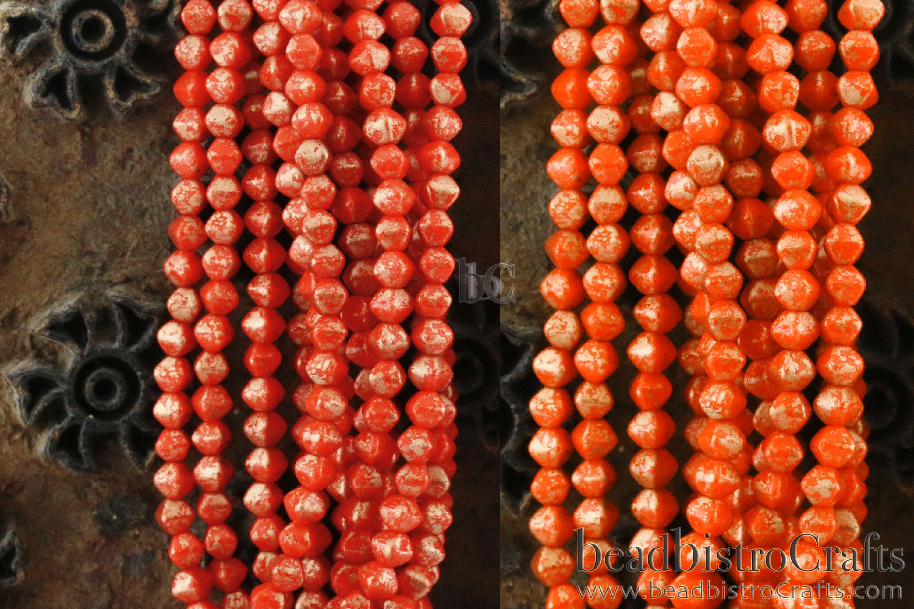 Czech Glass MINI Bicone 4mm Pressed Glass Bead Opaque Persimmon or Opaque Pumpkin Gold Splash (50pc or 200pc)