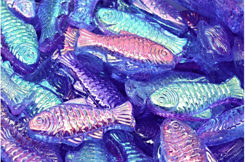 Czech Glass Trout Fish Beads 24x10mm Crystal Magic Vibrant Purple Coat (4pcs)