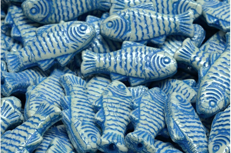 Czech Glass Trout Fish Beads 24x10mm Alabaster Pale Blue Grey Capri Wash (4pcs)