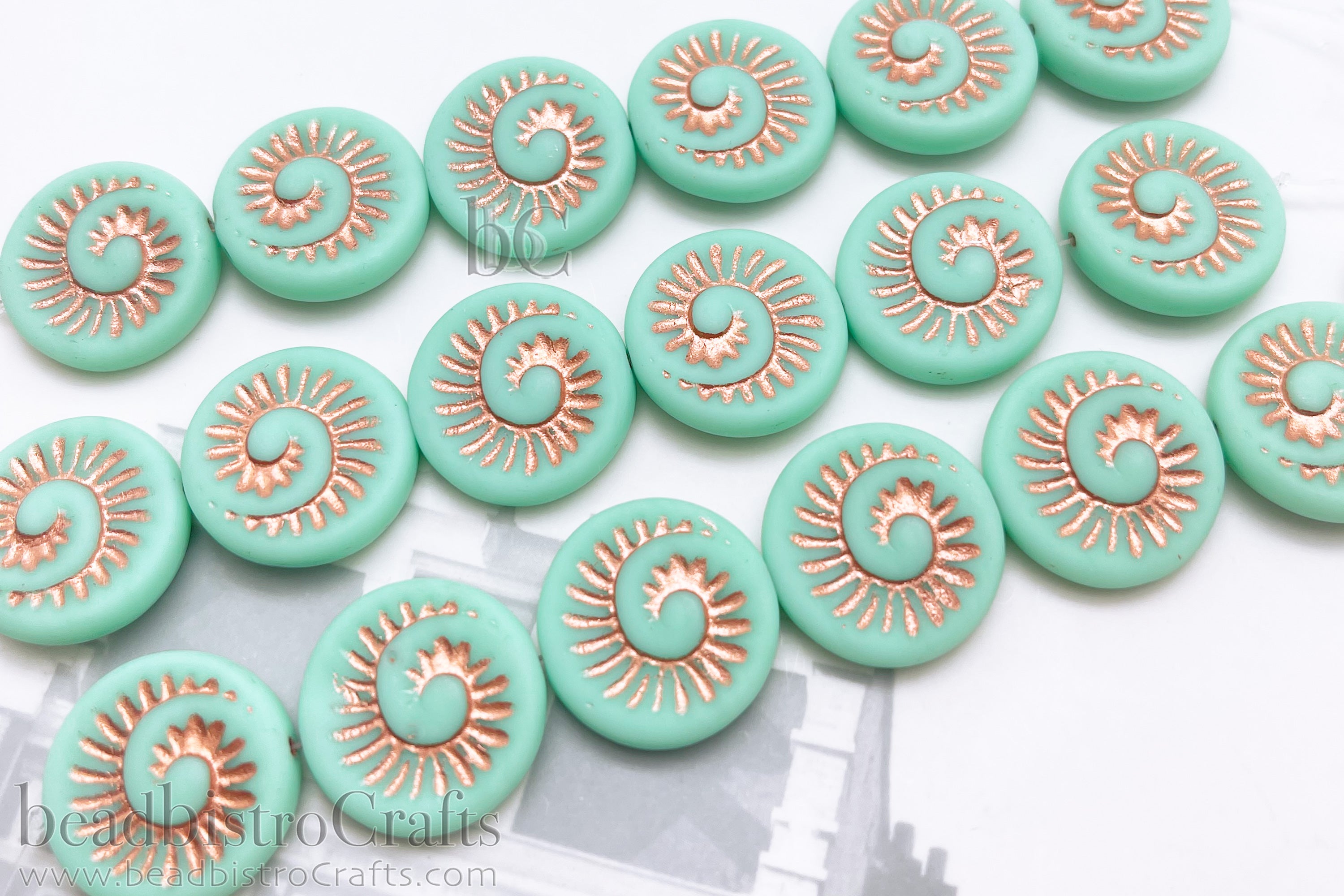 Czech Glass Ammonite Beads 18mm Opaque Frosted Pale Jade Coin Beads (4pcs)