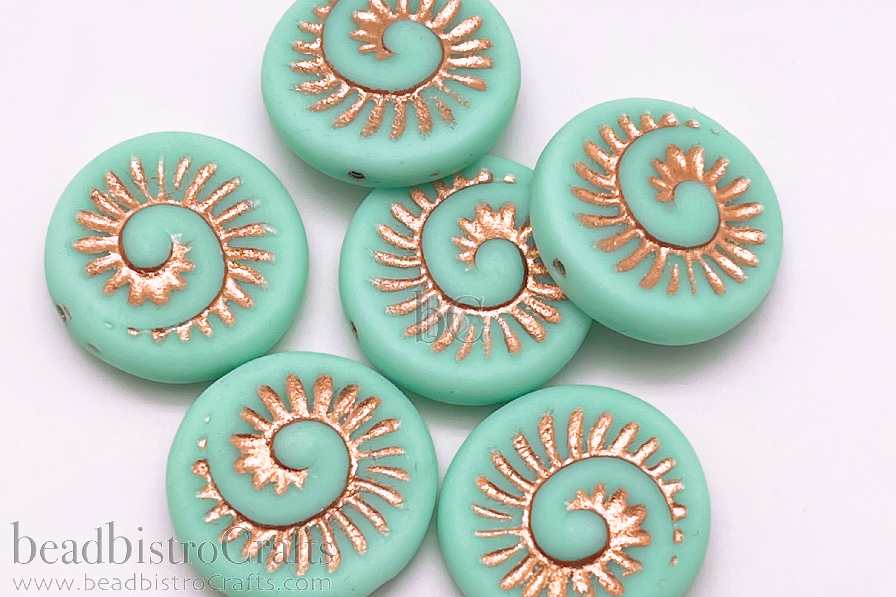 Czech Glass Ammonite Beads 18mm Opaque Frosted Pale Jade Coin Beads (4pcs)